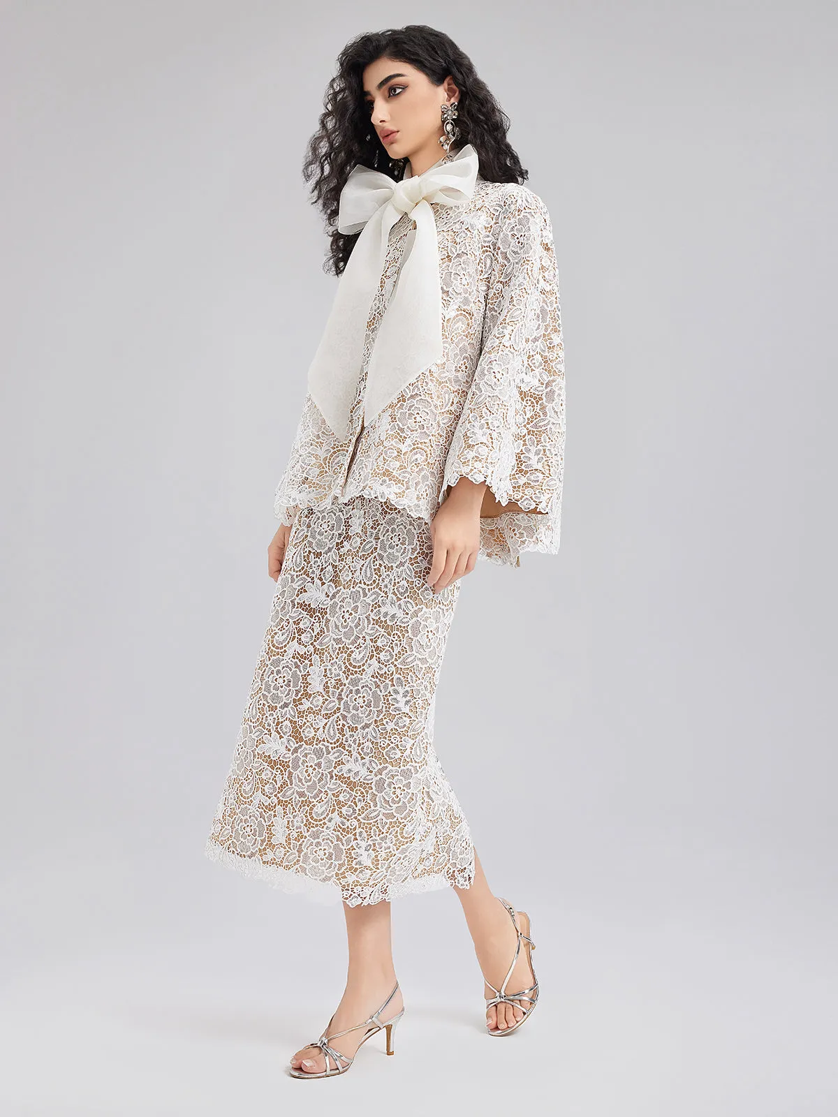 Elegant Lace Texture Coat with Neck Tie