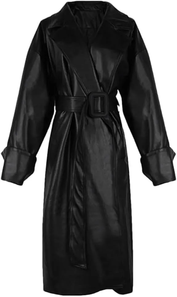 Elegant Women's Leather Trench Coat Long Sleeves Oversized Fit for Fall Outfit