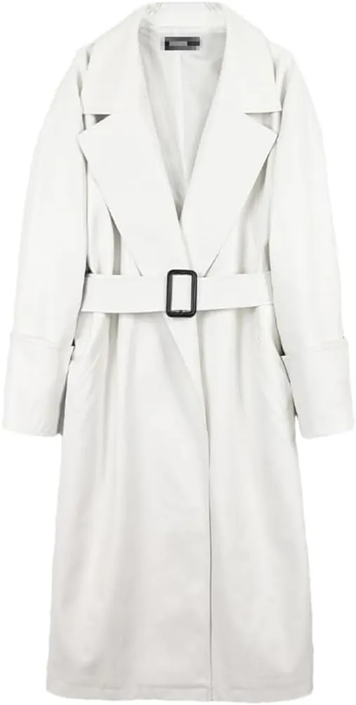 Elegant Women's Leather Trench Coat Long Sleeves Oversized Fit for Fall Outfit