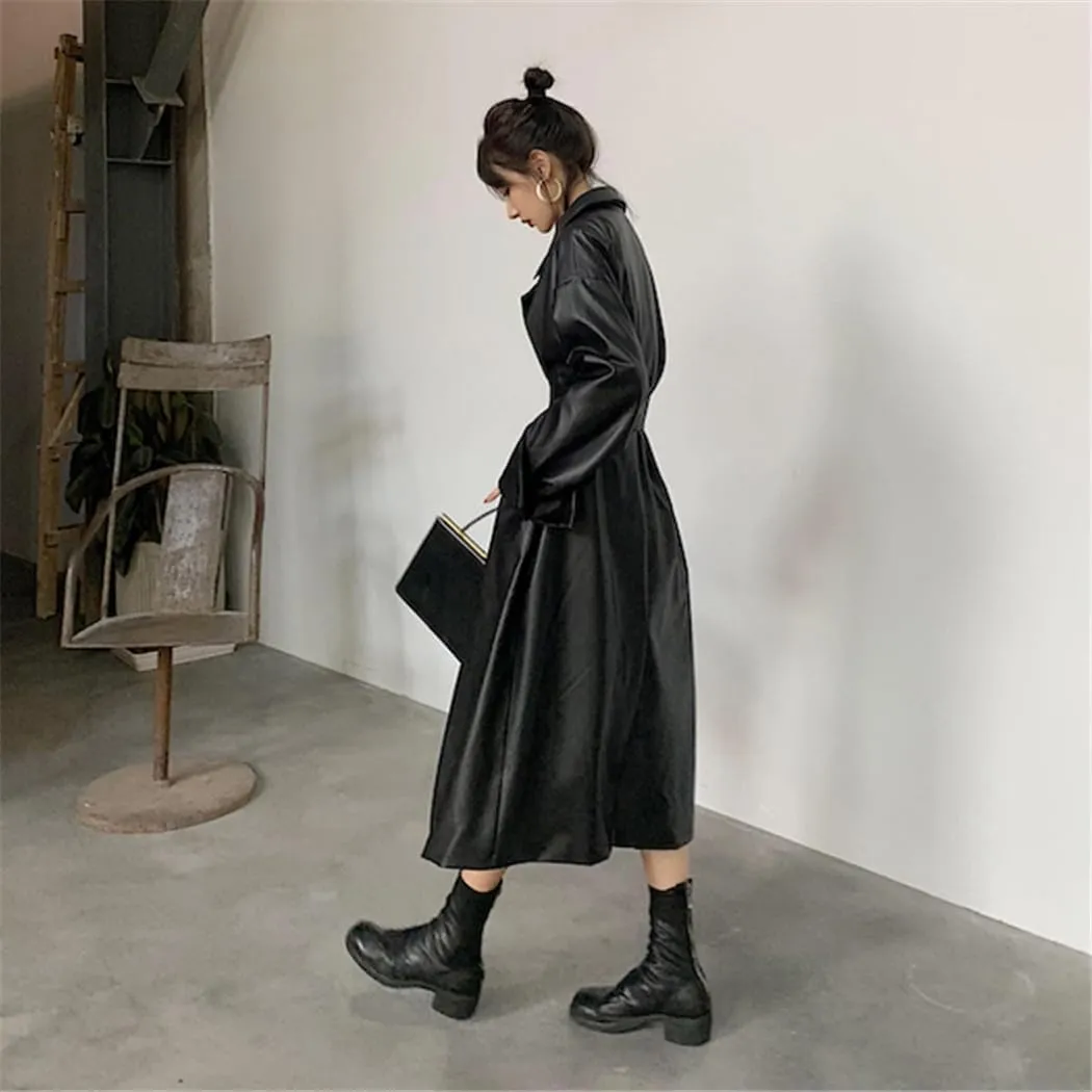 Elegant Women's Leather Trench Coat Long Sleeves Oversized Fit for Fall Outfit