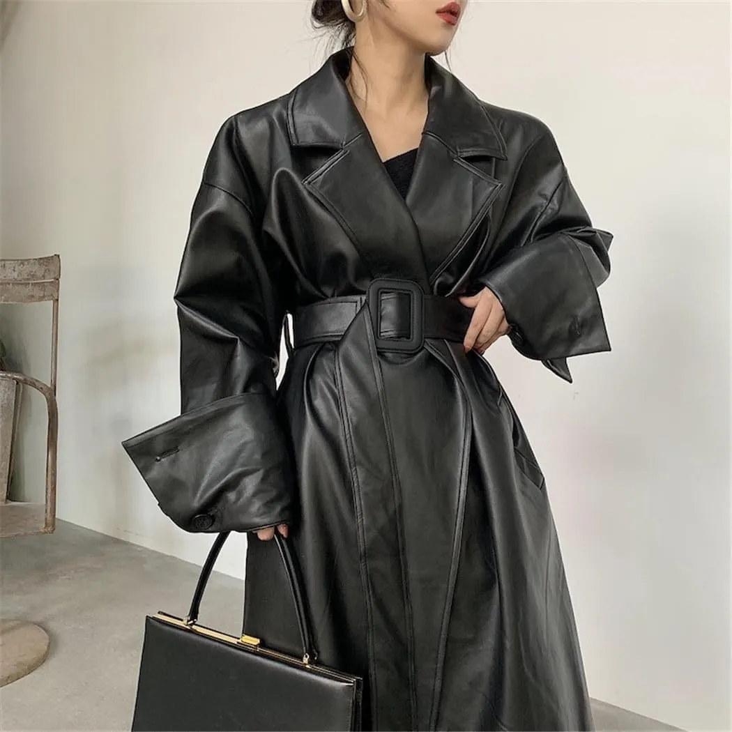 Elegant Women's Leather Trench Coat Long Sleeves Oversized Fit for Fall Outfit