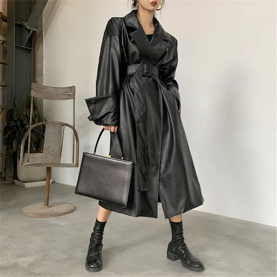 Elegant Women's Leather Trench Coat Long Sleeves Oversized Fit for Fall Outfit