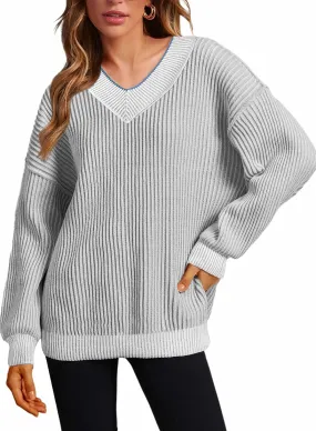 EVALESS Sweater for Women 2024 Fall Trendy V Neck Long Sleeve Pullover Sweaters Loose Casual Color Block Ribbed Knit Tops
