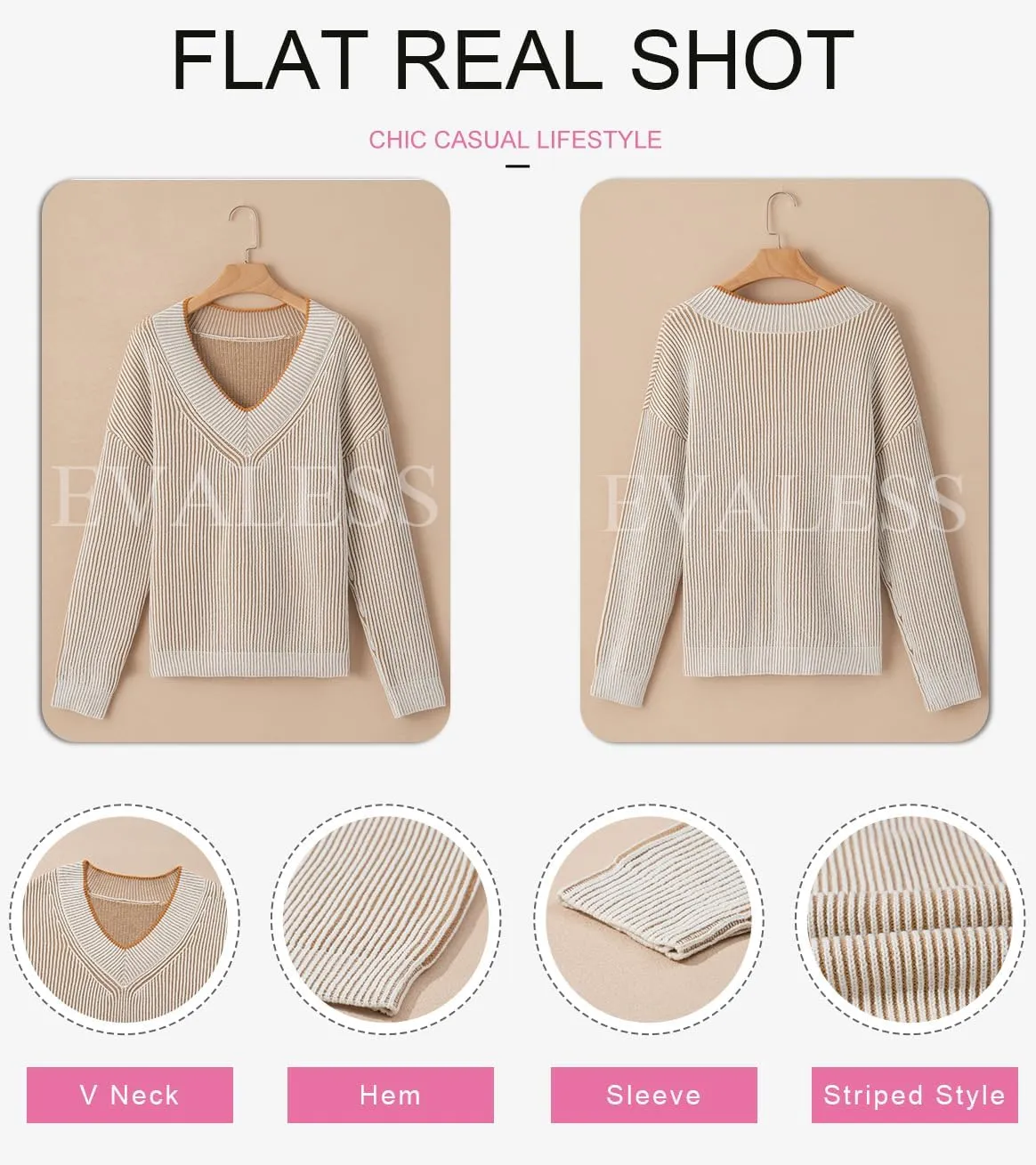 EVALESS Sweater for Women 2024 Fall Trendy V Neck Long Sleeve Pullover Sweaters Loose Casual Color Block Ribbed Knit Tops