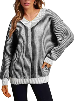EVALESS Sweater for Women 2024 Fall Trendy V Neck Long Sleeve Pullover Sweaters Loose Casual Color Block Ribbed Knit Tops