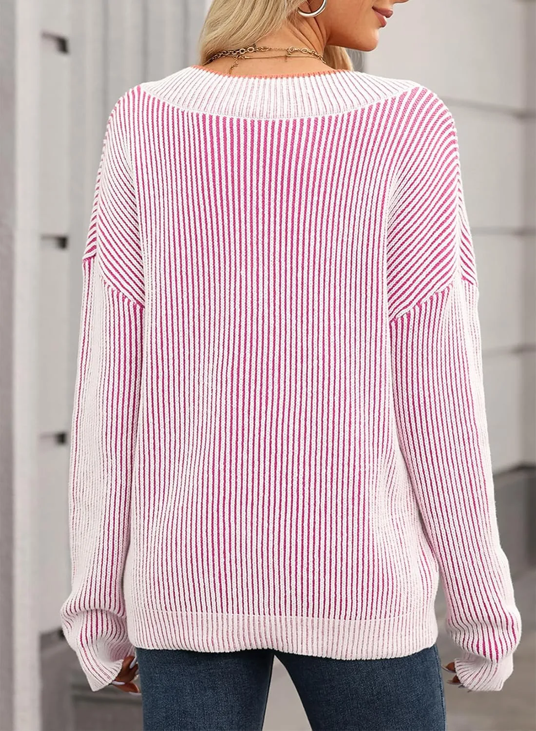 EVALESS Sweater for Women 2024 Fall Trendy V Neck Long Sleeve Pullover Sweaters Loose Casual Color Block Ribbed Knit Tops