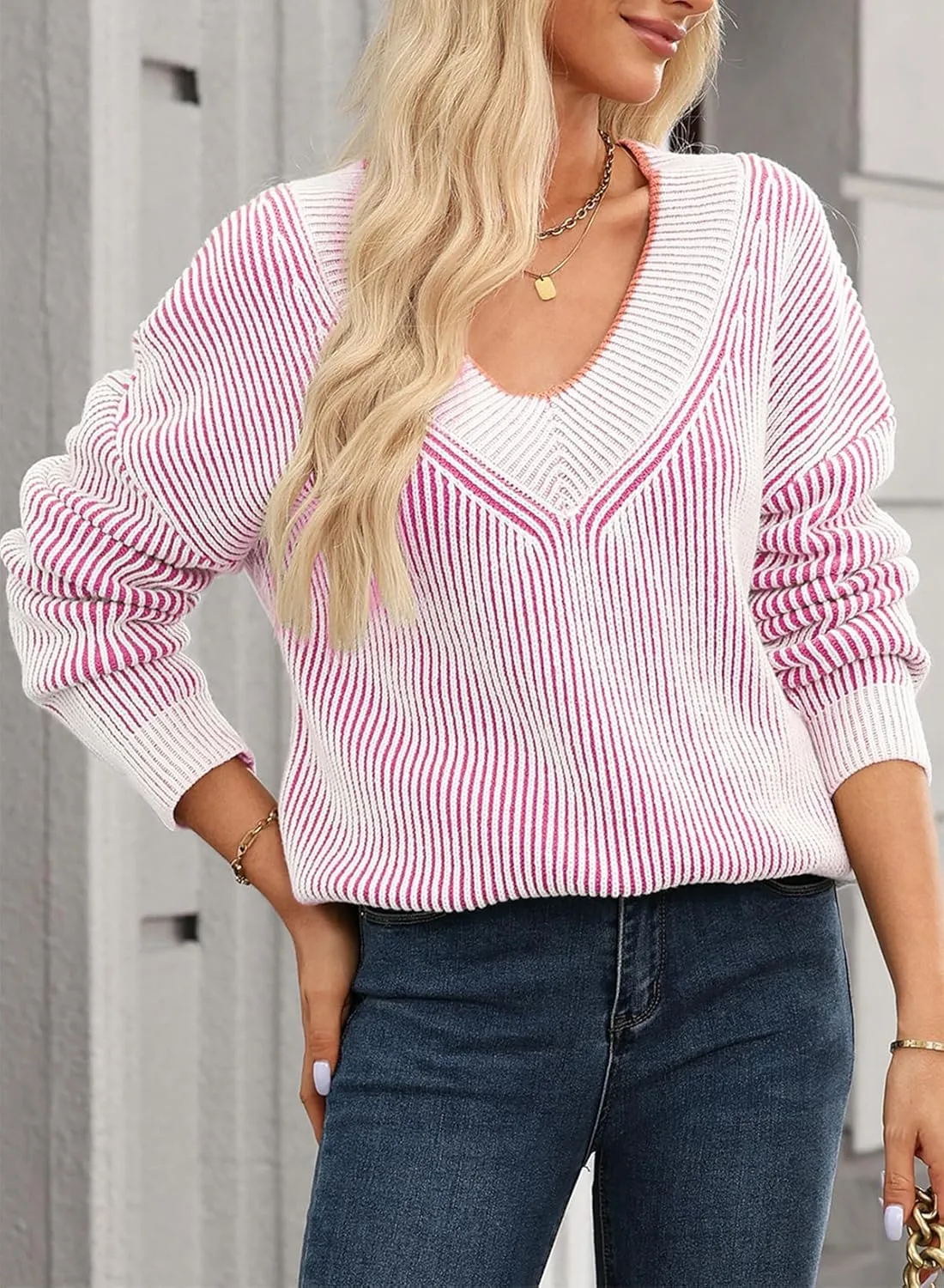 EVALESS Sweater for Women 2024 Fall Trendy V Neck Long Sleeve Pullover Sweaters Loose Casual Color Block Ribbed Knit Tops