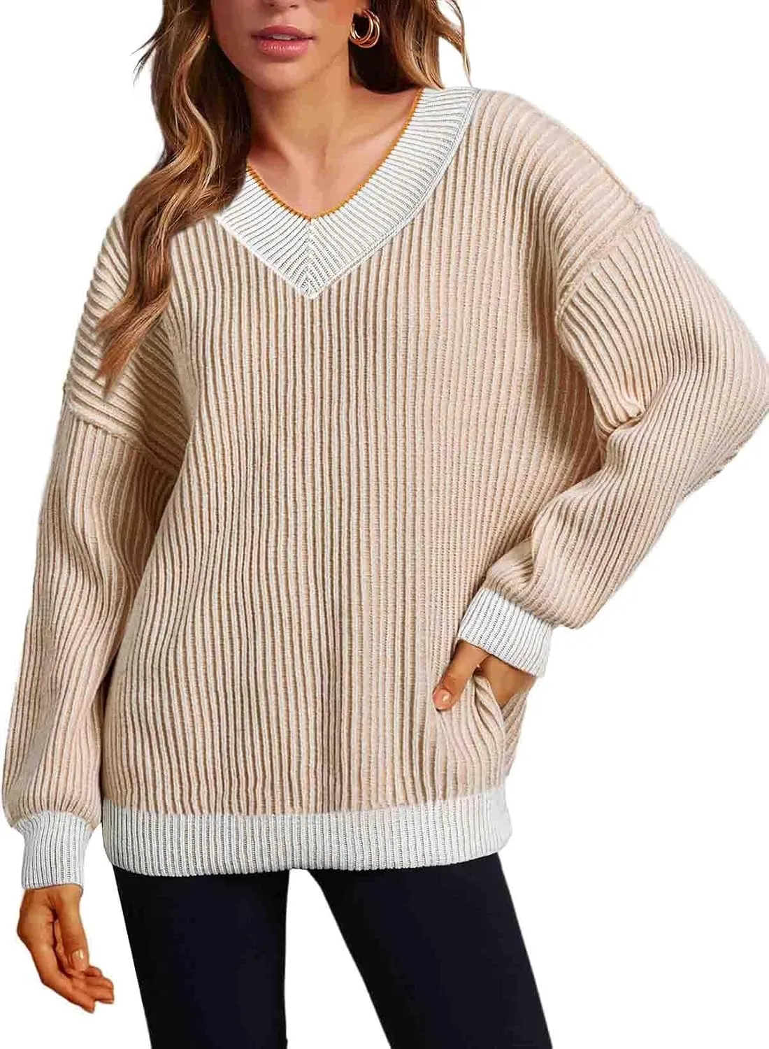EVALESS Sweater for Women 2024 Fall Trendy V Neck Long Sleeve Pullover Sweaters Loose Casual Color Block Ribbed Knit Tops