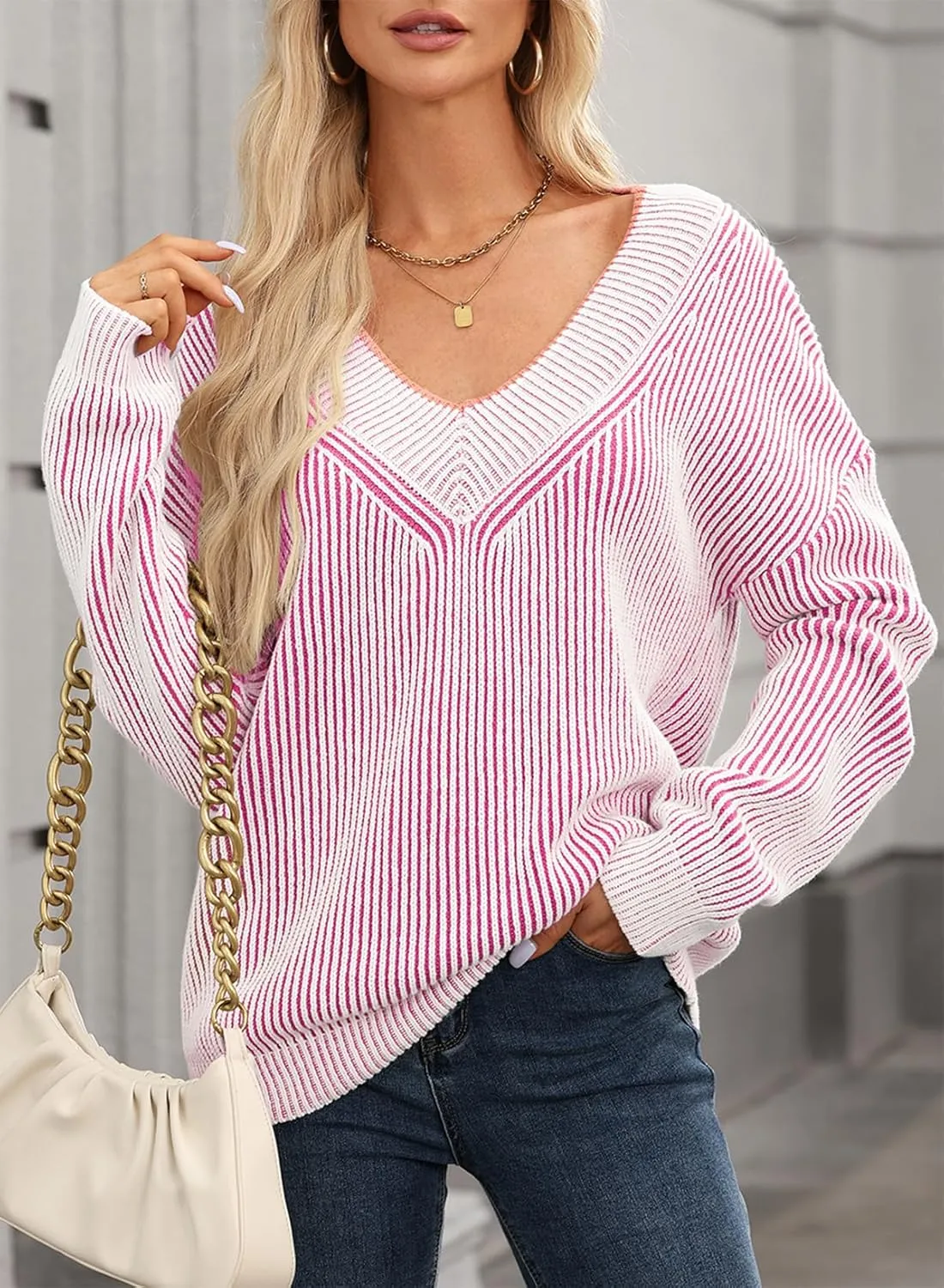 EVALESS Sweater for Women 2024 Fall Trendy V Neck Long Sleeve Pullover Sweaters Loose Casual Color Block Ribbed Knit Tops