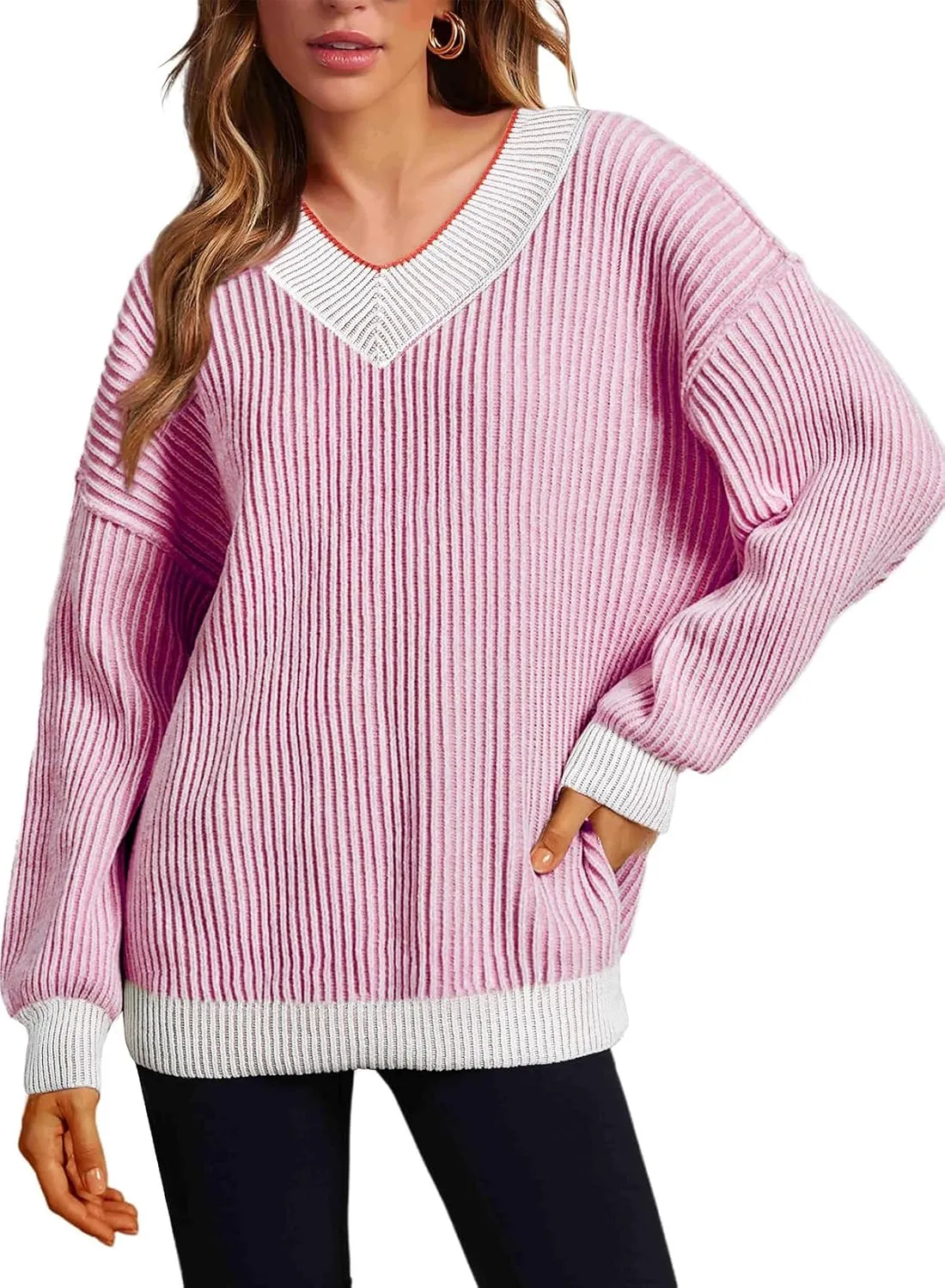 EVALESS Sweater for Women 2024 Fall Trendy V Neck Long Sleeve Pullover Sweaters Loose Casual Color Block Ribbed Knit Tops
