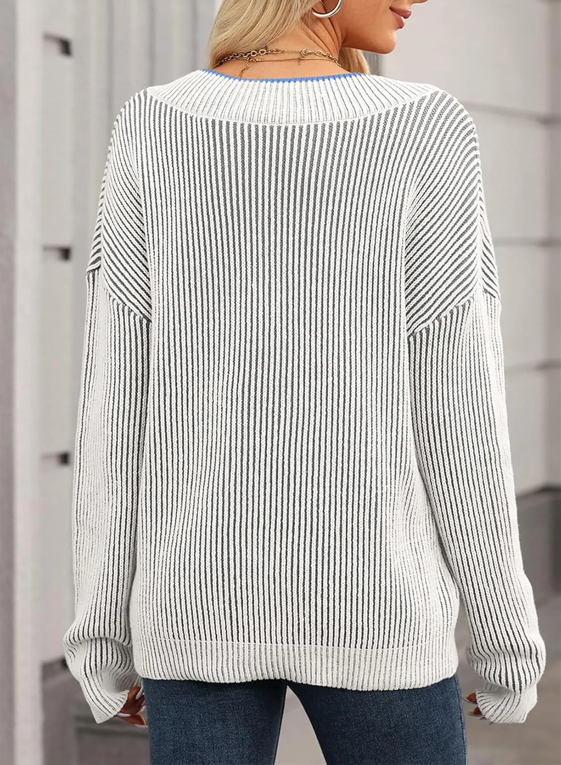 EVALESS Sweater for Women 2024 Fall Trendy V Neck Long Sleeve Pullover Sweaters Loose Casual Color Block Ribbed Knit Tops