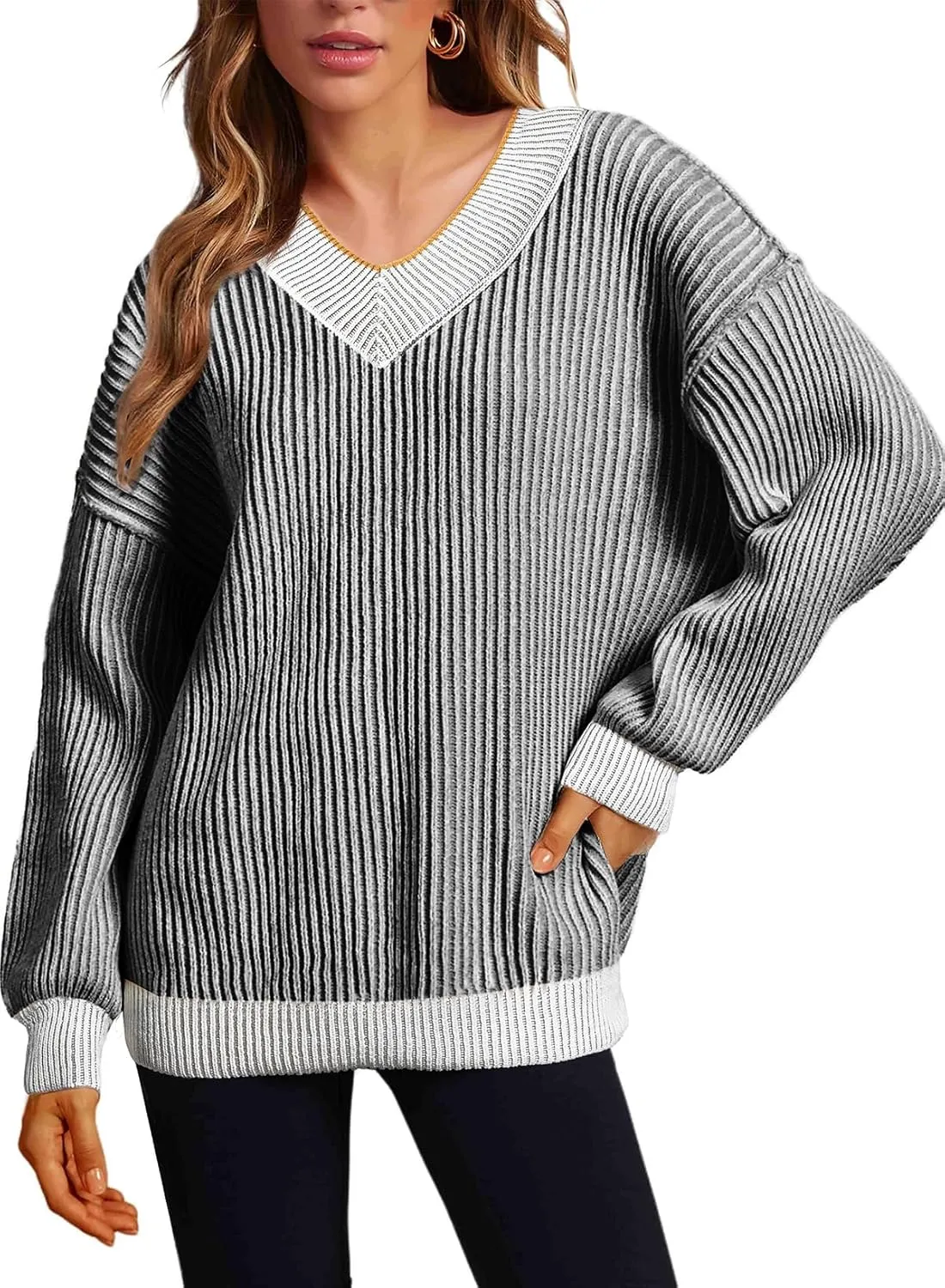 EVALESS Sweater for Women 2024 Fall Trendy V Neck Long Sleeve Pullover Sweaters Loose Casual Color Block Ribbed Knit Tops