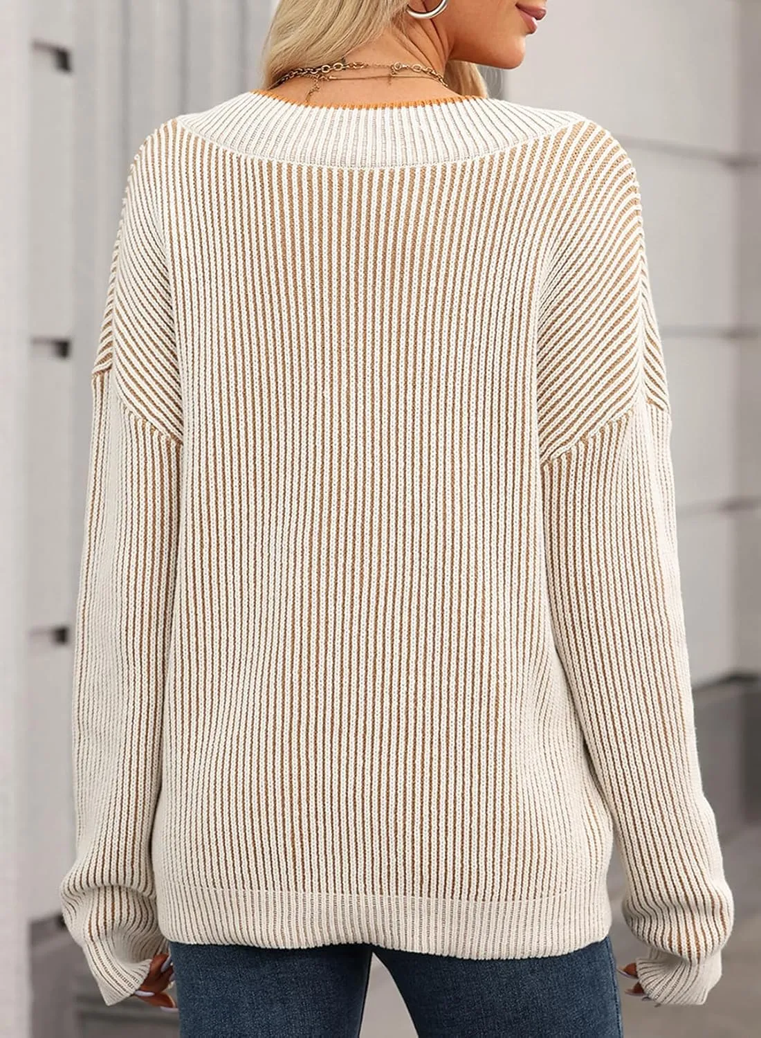 EVALESS Sweater for Women 2024 Fall Trendy V Neck Long Sleeve Pullover Sweaters Loose Casual Color Block Ribbed Knit Tops
