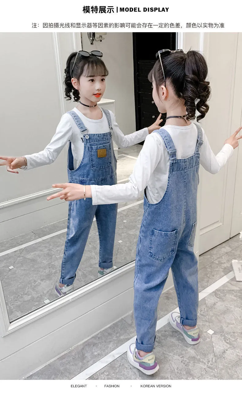 Girls Denim Bib Overalls,Adjustable Straps Fake Slant Side Pockets Jean Dungarees Pants