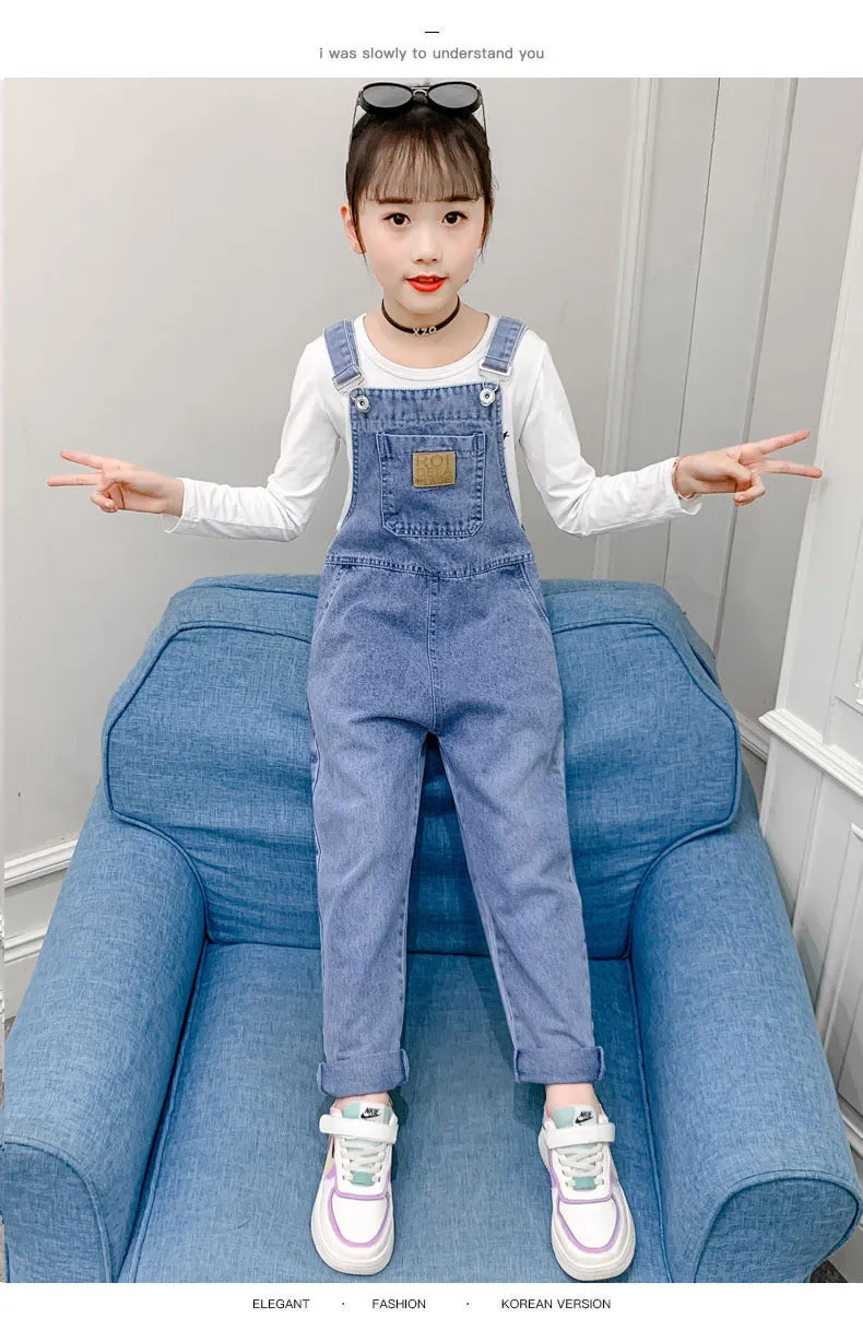 Girls Denim Bib Overalls,Adjustable Straps Fake Slant Side Pockets Jean Dungarees Pants