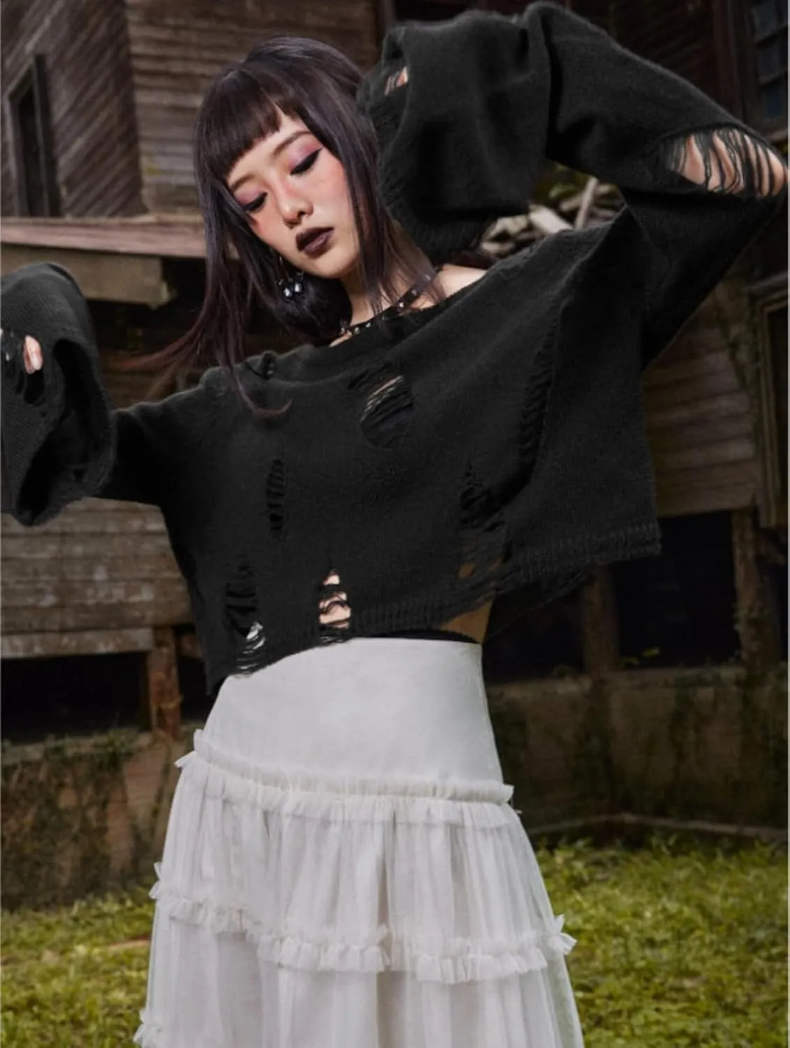 Goth Y2K Striped Sweater Ripped Punk Gothic Sweaters for Women Harajuku Aesthetic Halloween Pullover Tops
