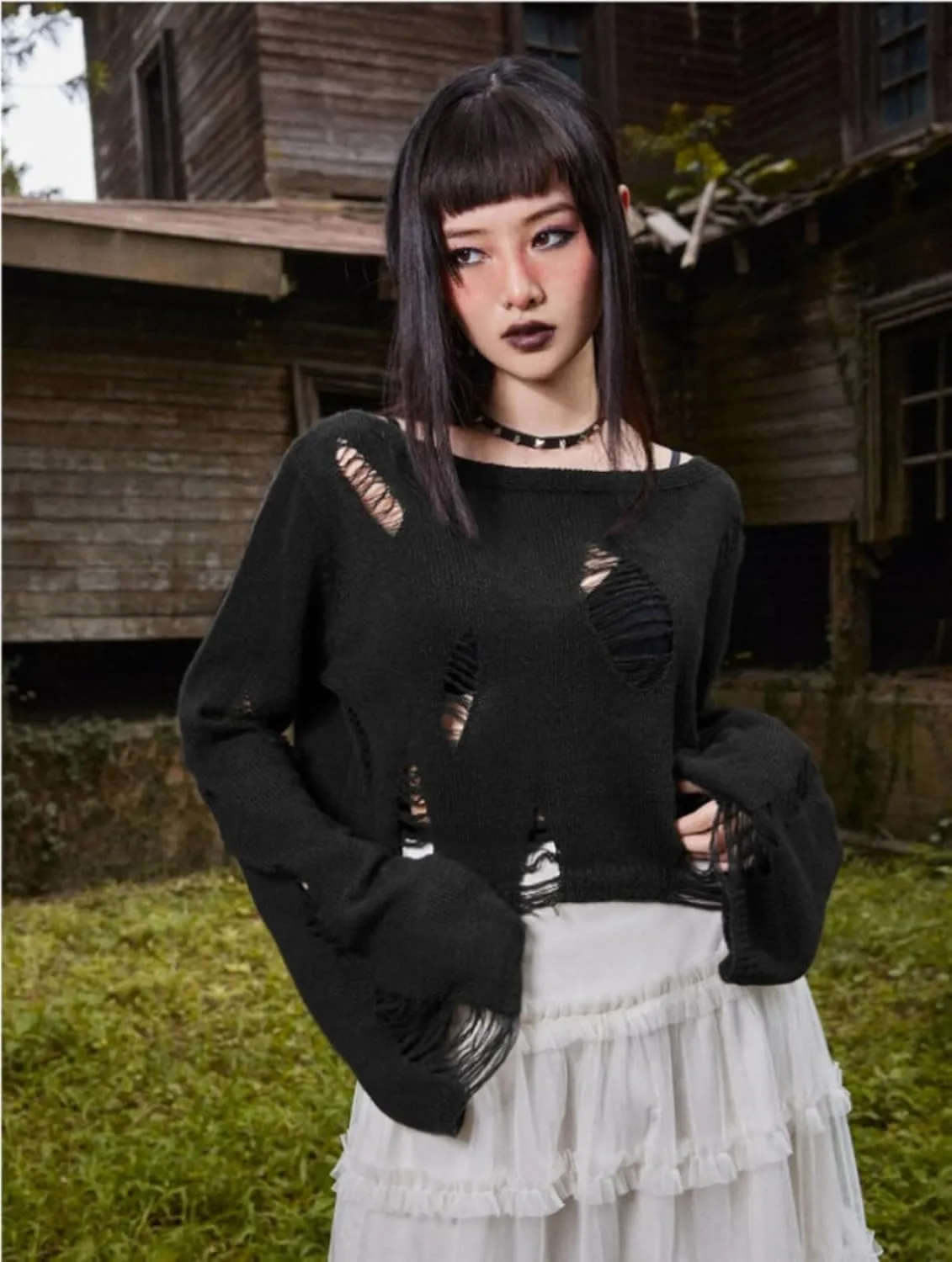 Goth Y2K Striped Sweater Ripped Punk Gothic Sweaters for Women Harajuku Aesthetic Halloween Pullover Tops