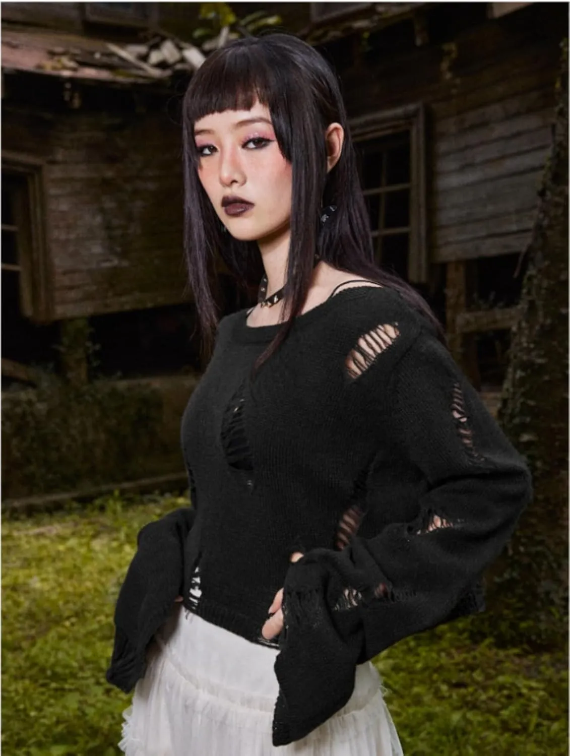 Goth Y2K Striped Sweater Ripped Punk Gothic Sweaters for Women Harajuku Aesthetic Halloween Pullover Tops