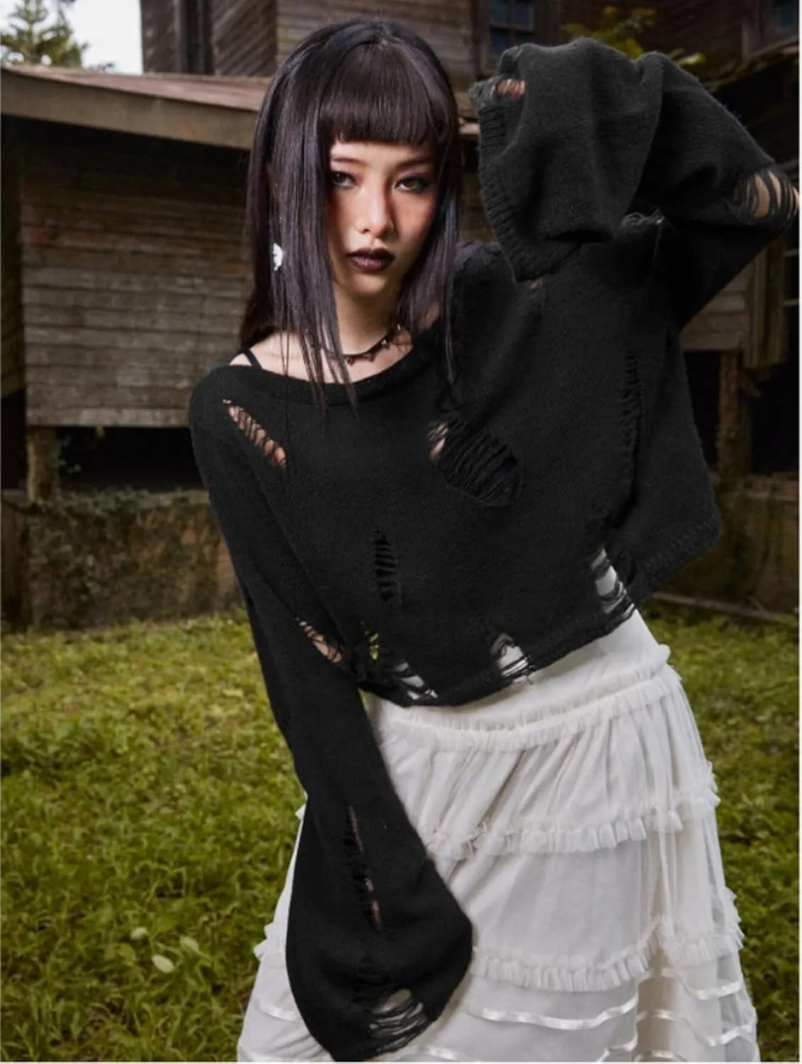 Goth Y2K Striped Sweater Ripped Punk Gothic Sweaters for Women Harajuku Aesthetic Halloween Pullover Tops