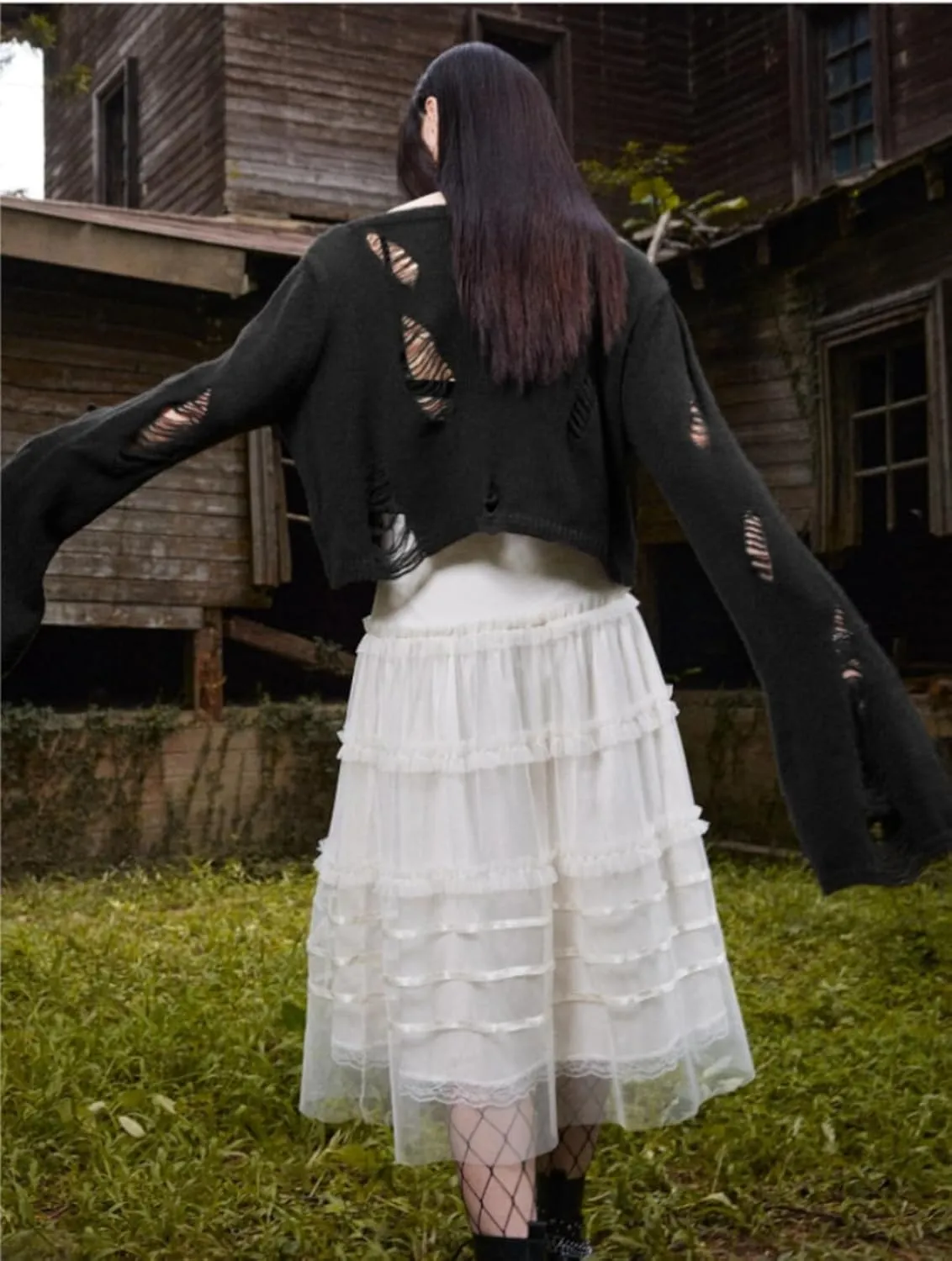 Goth Y2K Striped Sweater Ripped Punk Gothic Sweaters for Women Harajuku Aesthetic Halloween Pullover Tops