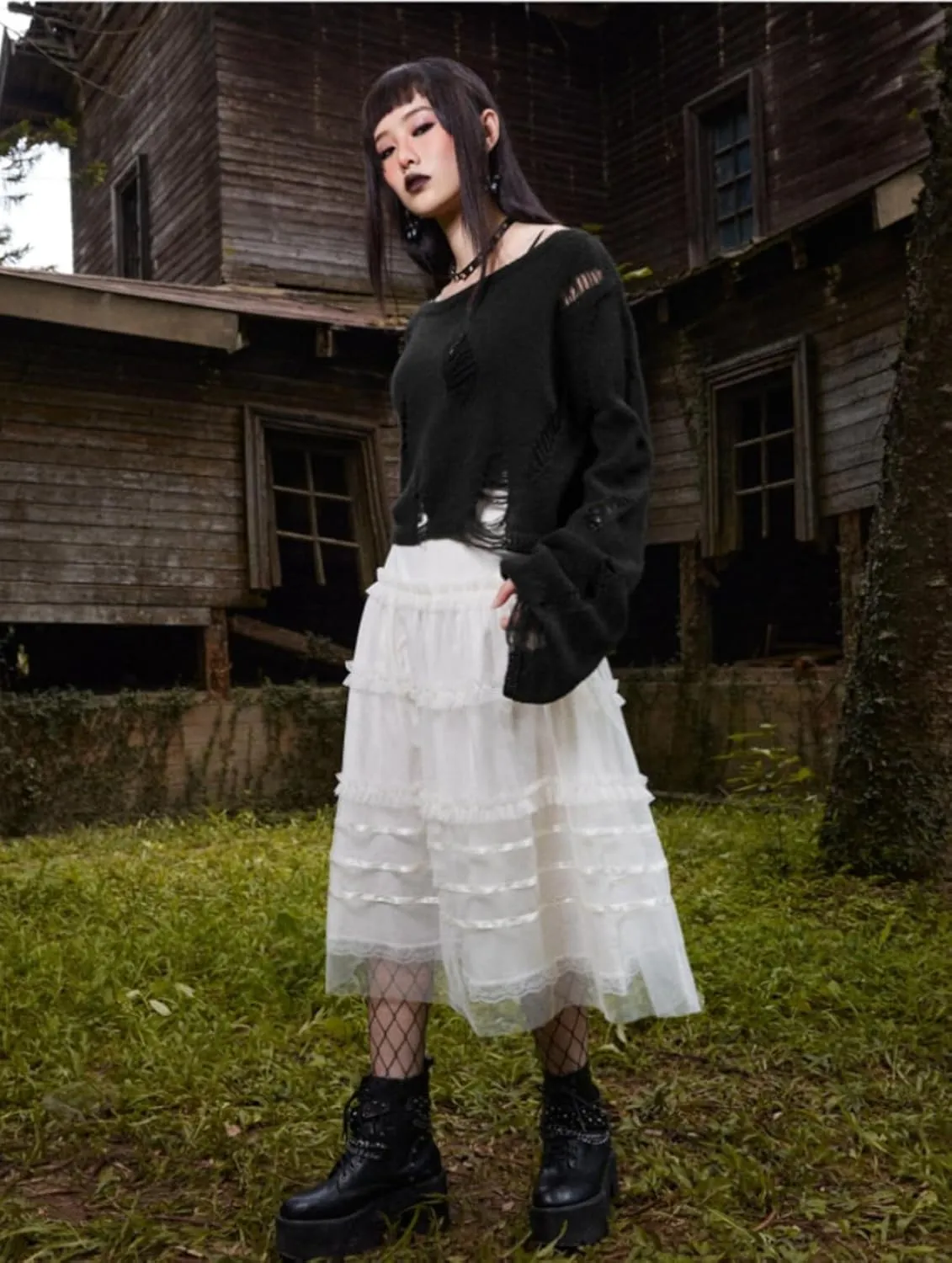 Goth Y2K Striped Sweater Ripped Punk Gothic Sweaters for Women Harajuku Aesthetic Halloween Pullover Tops