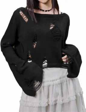 Goth Y2K Striped Sweater Ripped Punk Gothic Sweaters for Women Harajuku Aesthetic Halloween Pullover Tops