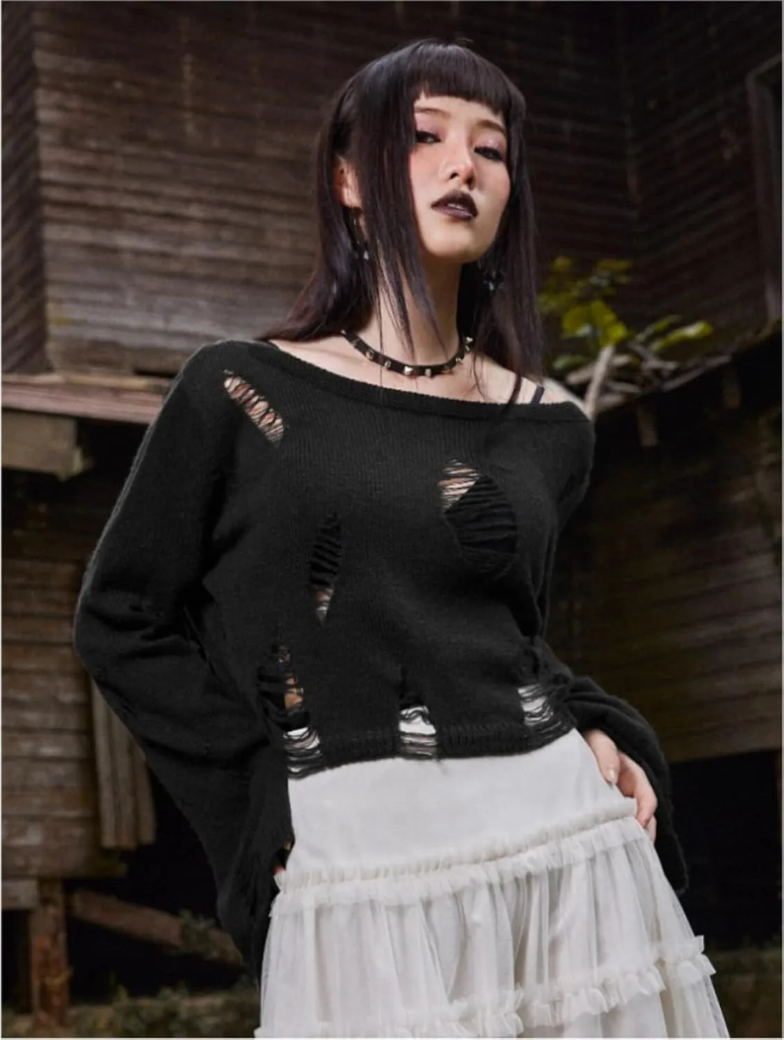 Goth Y2K Striped Sweater Ripped Punk Gothic Sweaters for Women Harajuku Aesthetic Halloween Pullover Tops