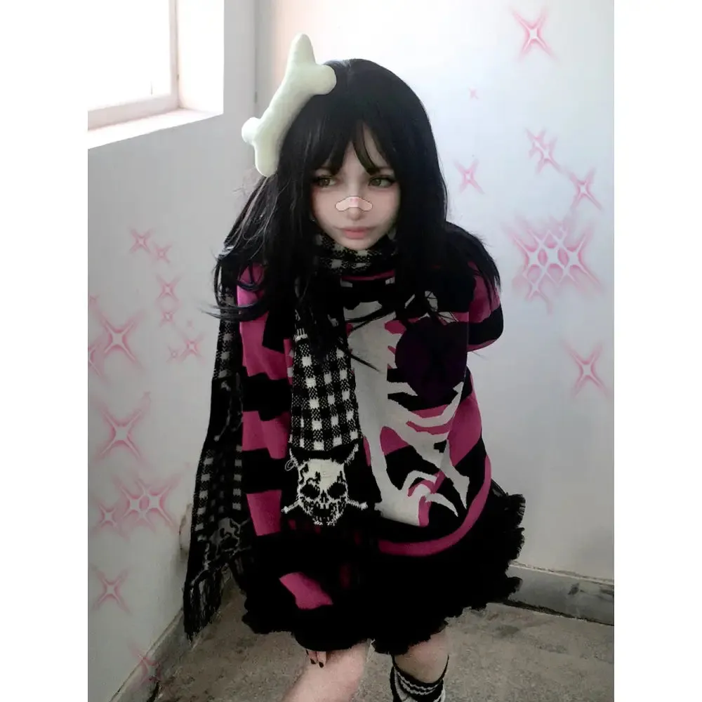 Gothic Skeleton Striped Knitted Sweater