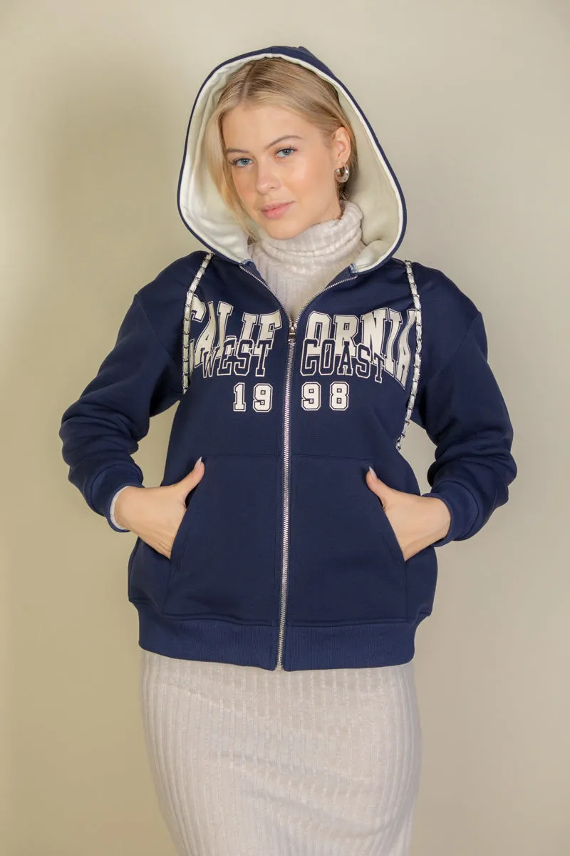 Graphic Drop Shoulder Zipper Up Hoodie