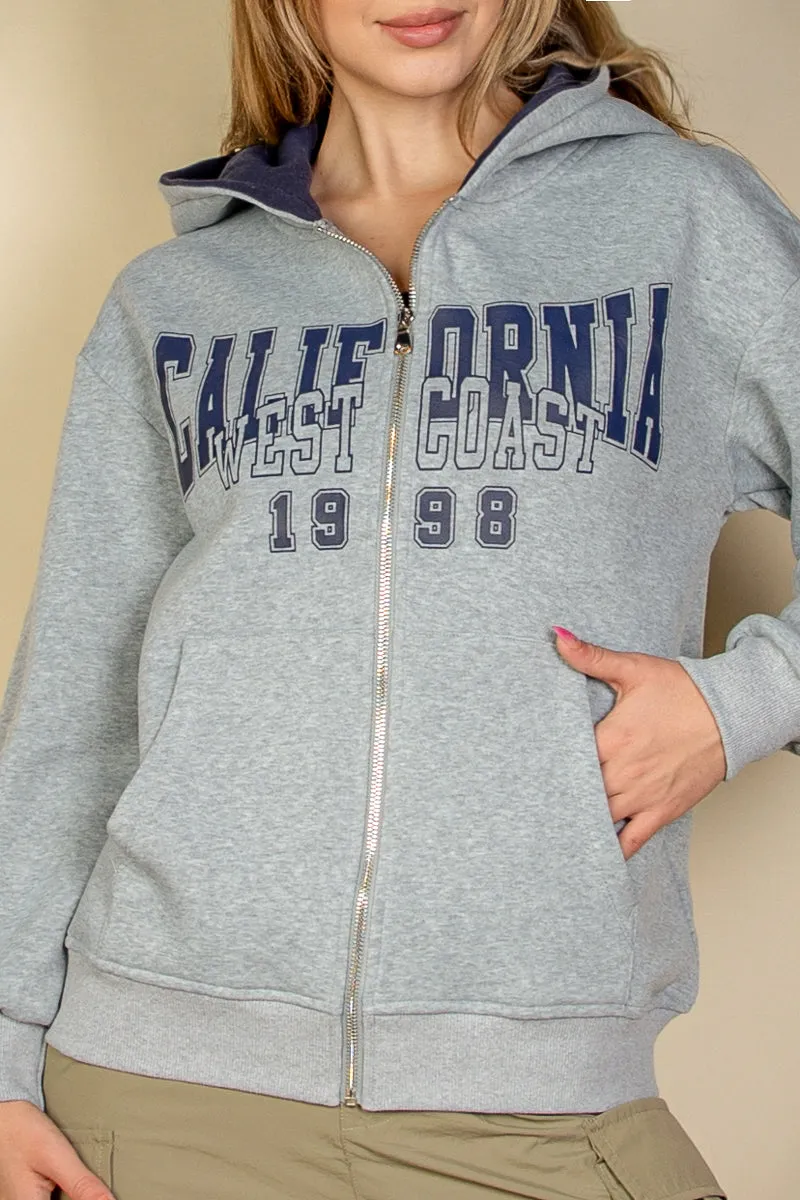 Graphic Drop Shoulder Zipper Up Hoodie