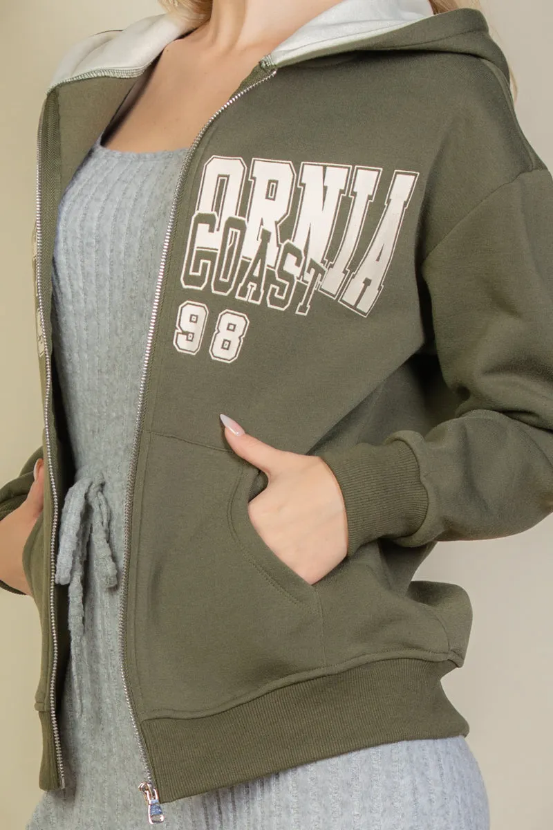 Graphic Drop Shoulder Zipper Up Hoodie