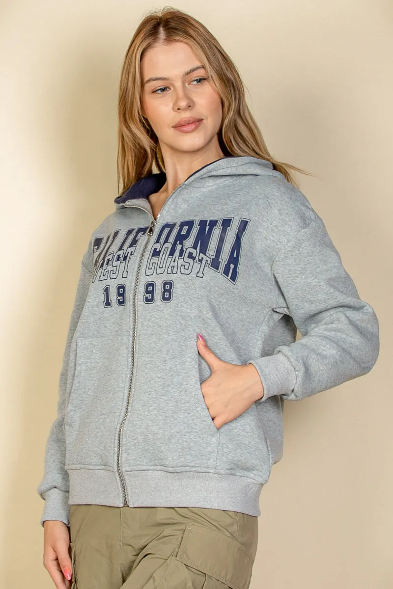 Graphic Drop Shoulder Zipper Up Hoodie