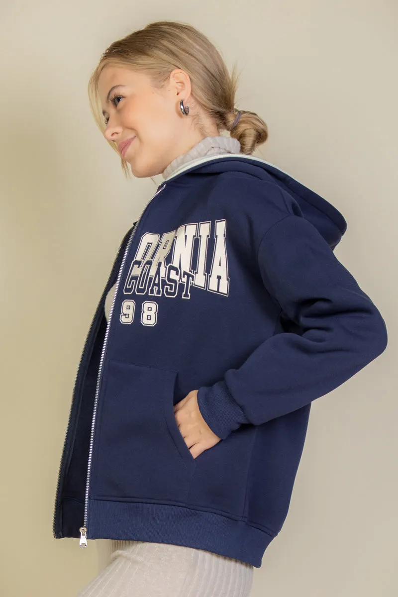 Graphic Drop Shoulder Zipper Up Hoodie