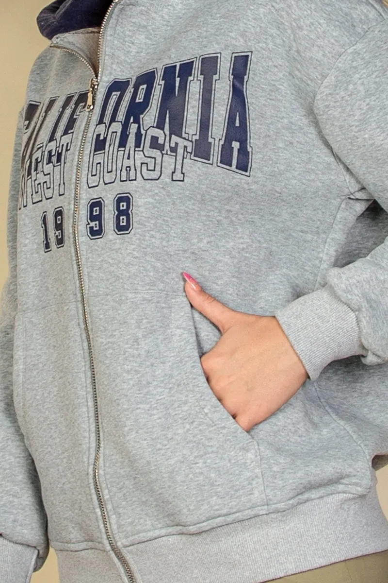 Graphic Drop Shoulder Zipper Up Hoodie