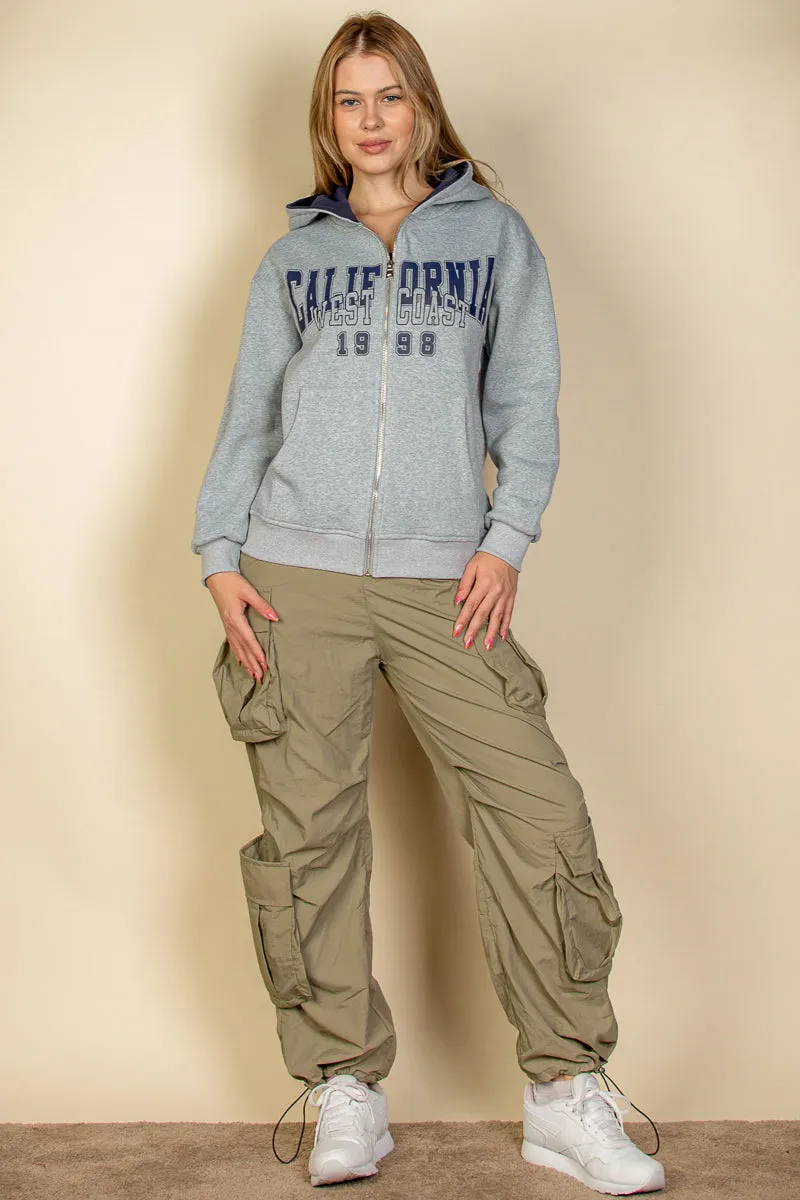 Graphic Drop Shoulder Zipper Up Hoodie