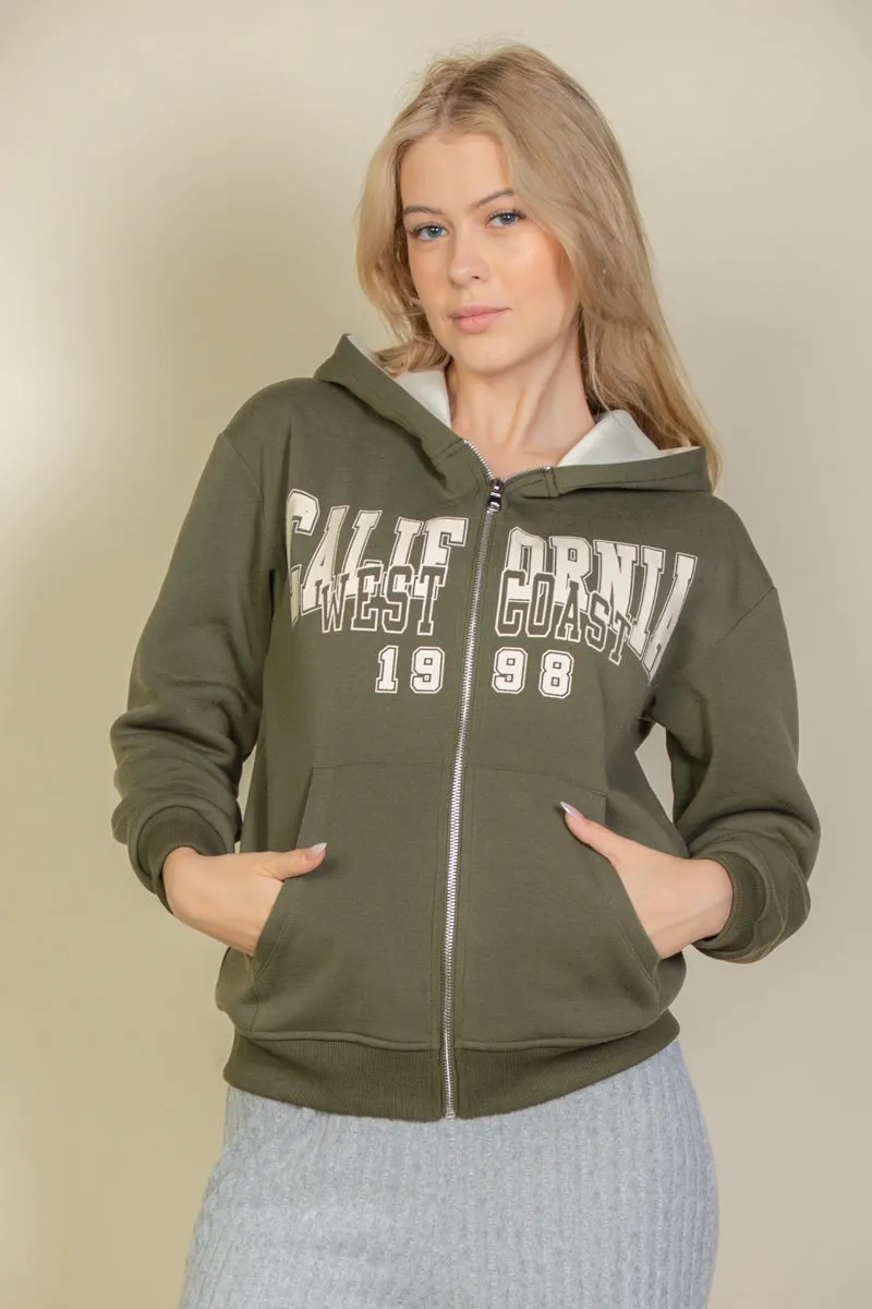 Graphic Drop Shoulder Zipper Up Hoodie