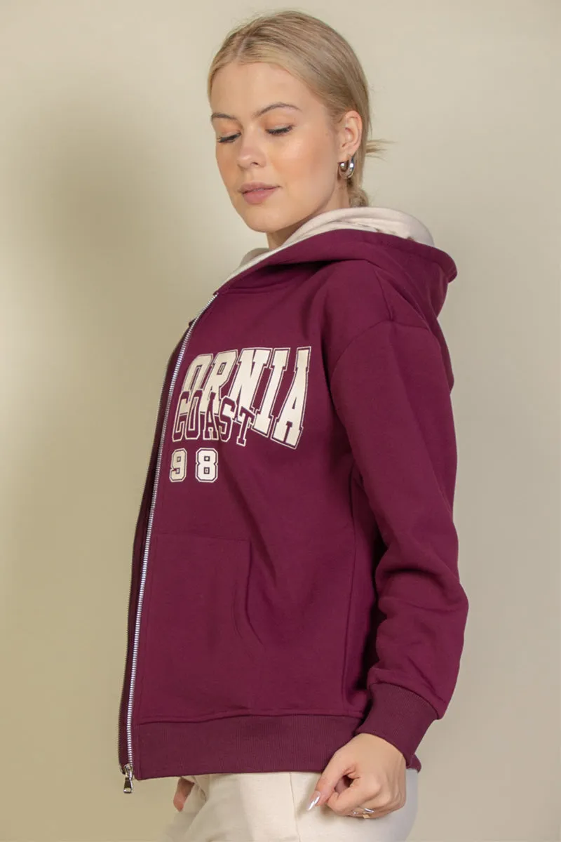 Graphic Drop Shoulder Zipper Up Hoodie