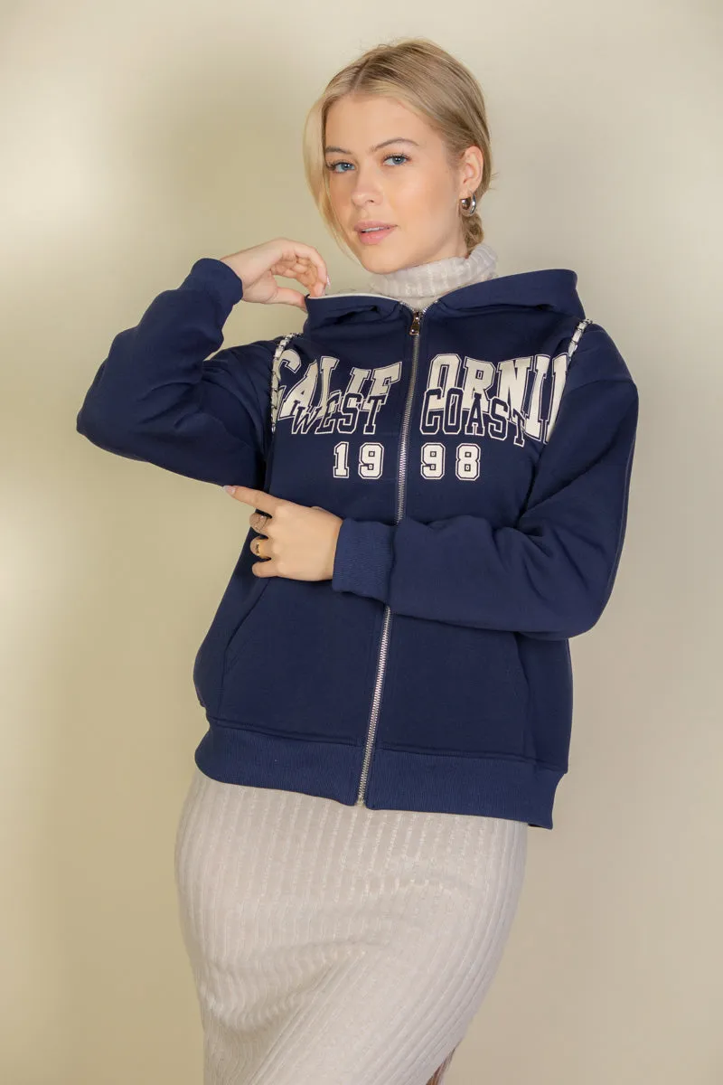 Graphic Drop Shoulder Zipper Up Hoodie