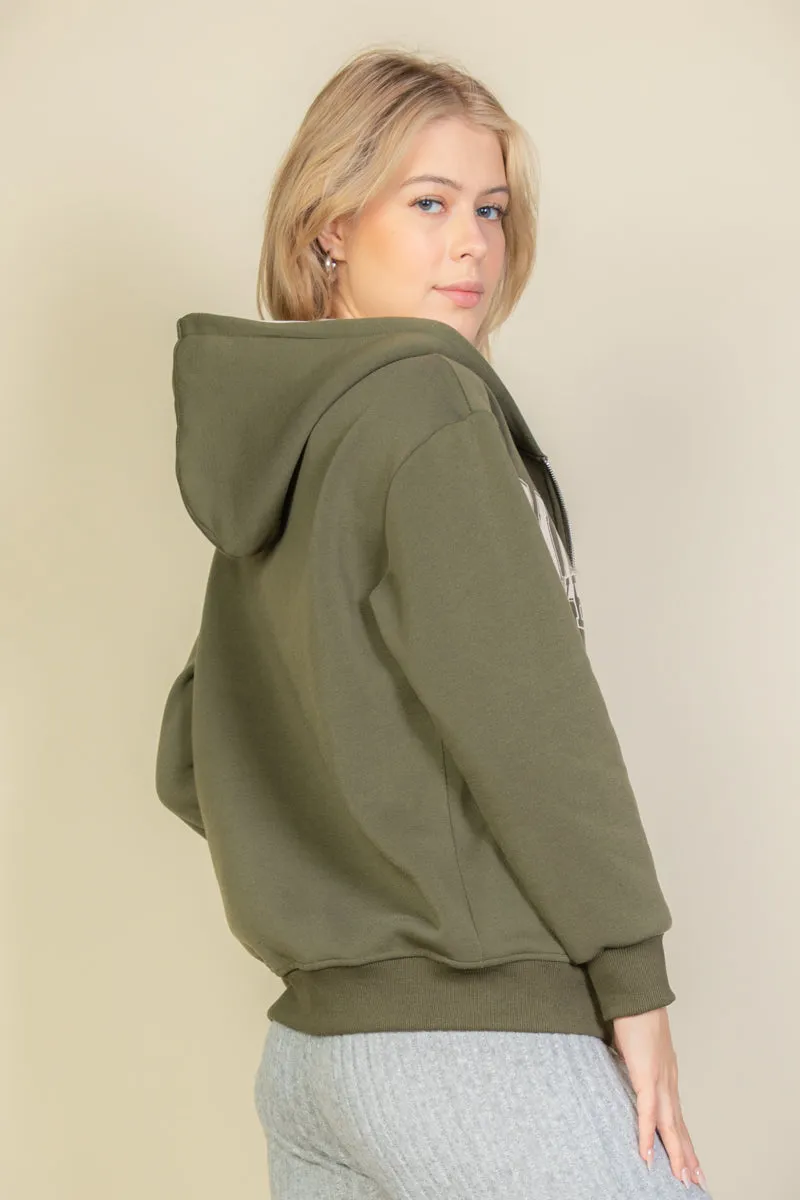 Graphic Drop Shoulder Zipper Up Hoodie