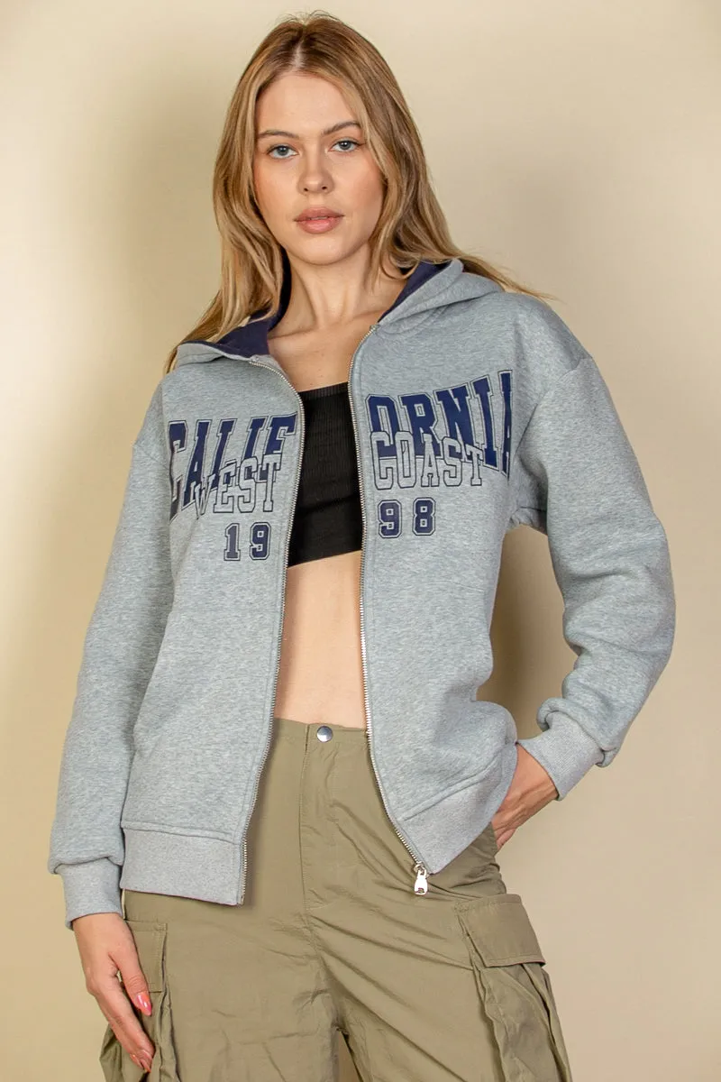 Graphic Drop Shoulder Zipper Up Hoodie