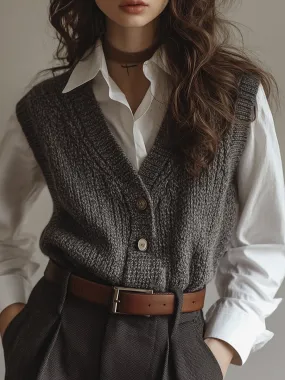 Grey Casual V-Neck Wool Knit Waistcoat