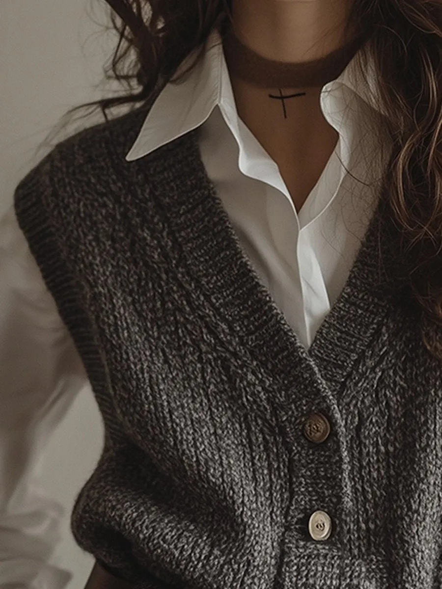 Grey Casual V-Neck Wool Knit Waistcoat