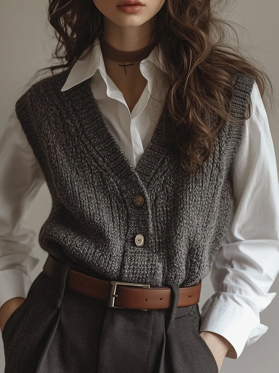 Grey Casual V-Neck Wool Knit Waistcoat
