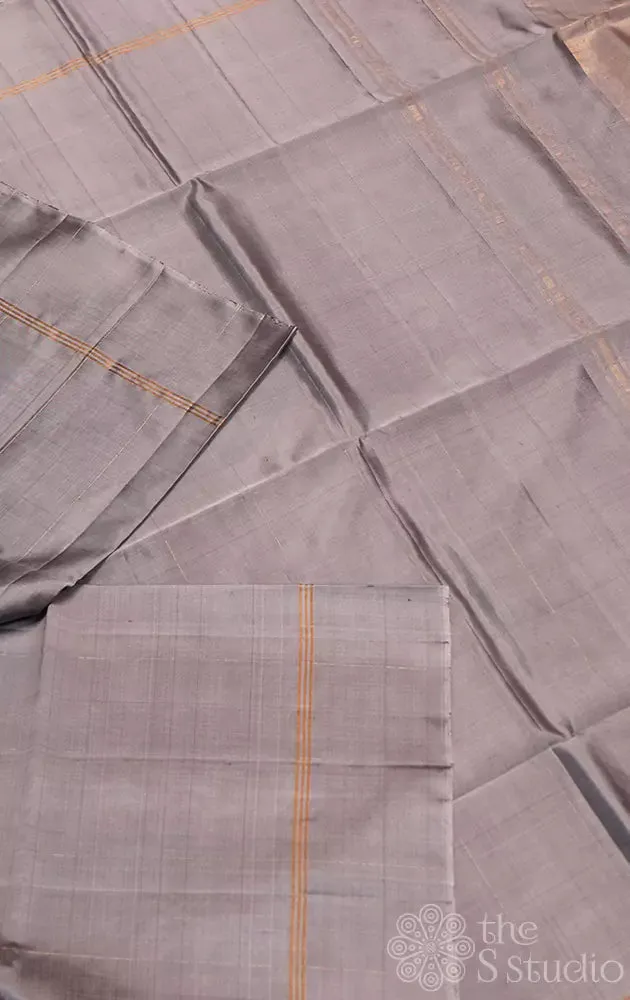 Grey plain soft silk saree with zari pallu