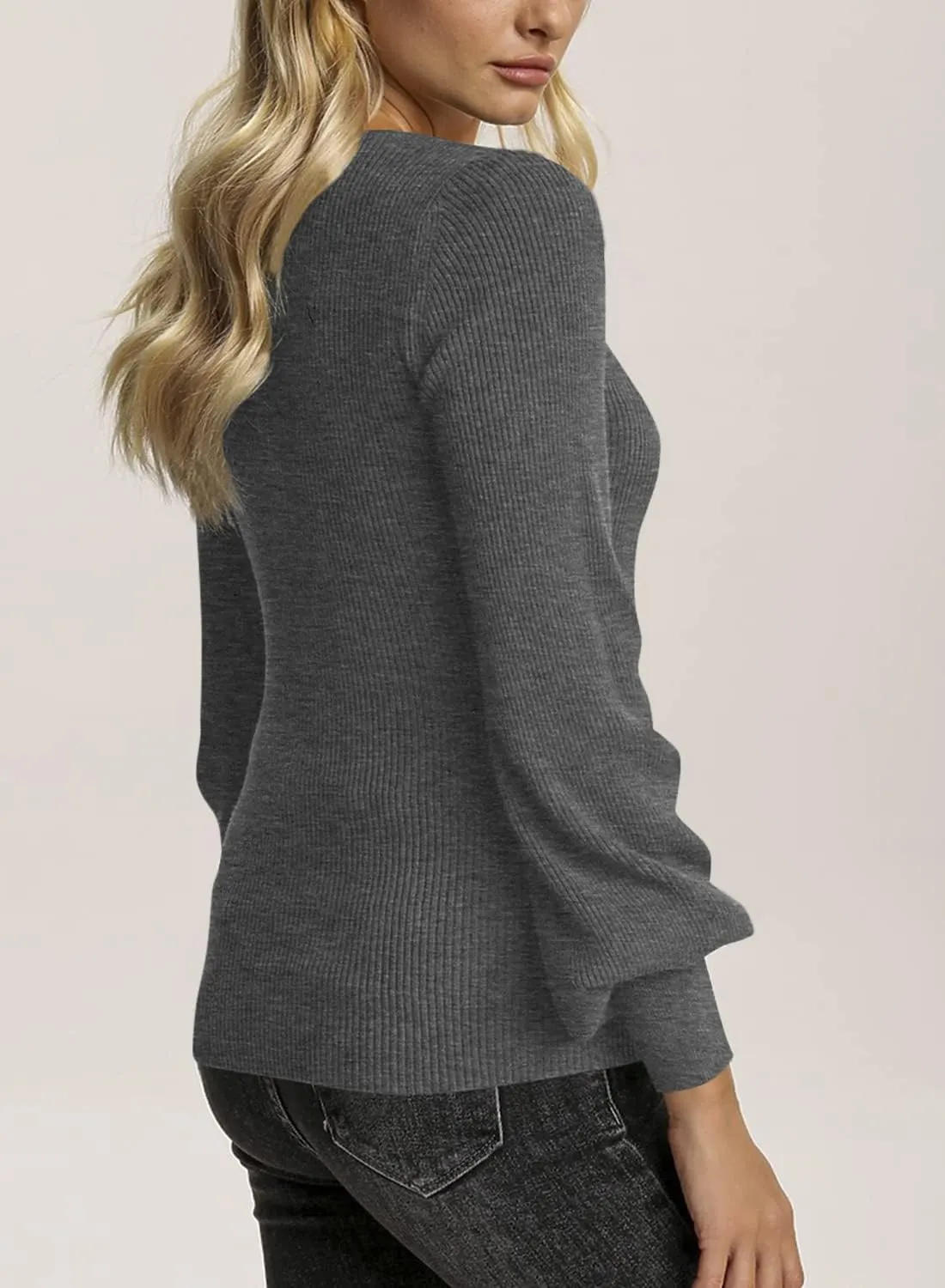 Imily Bela Womens Square Neck Long Sleeve Sweaters Casual Ribbed Knit Fitted Pullover Tops