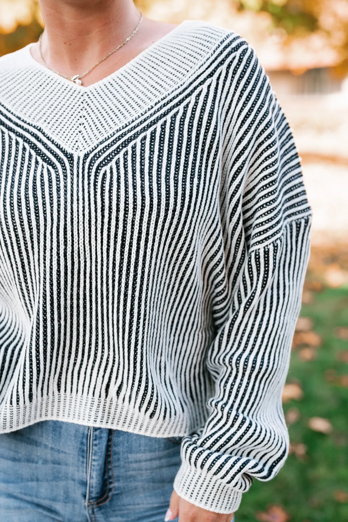 In Between V-Neck Knit Striped Sweater - Black