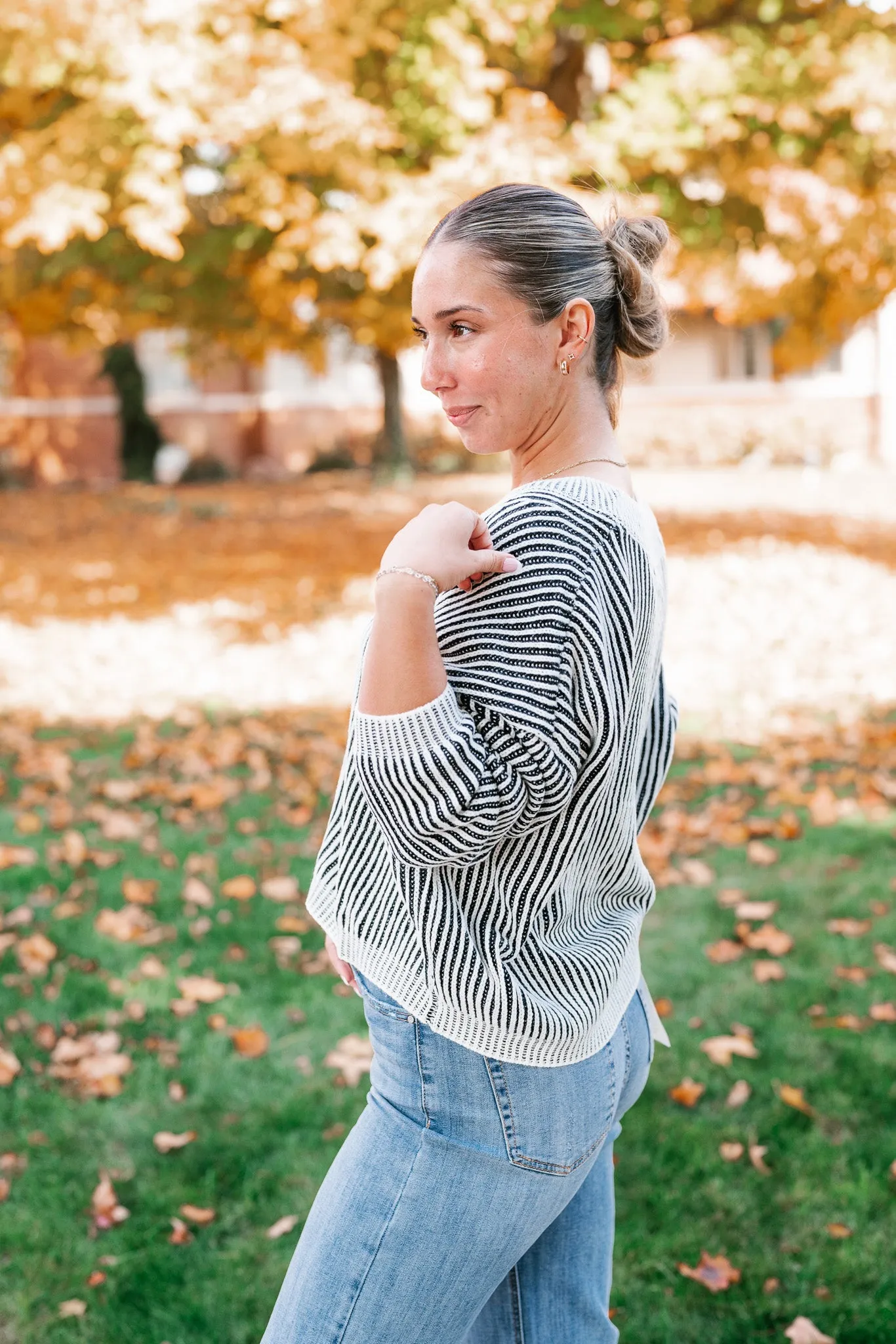 In Between V-Neck Knit Striped Sweater - Black