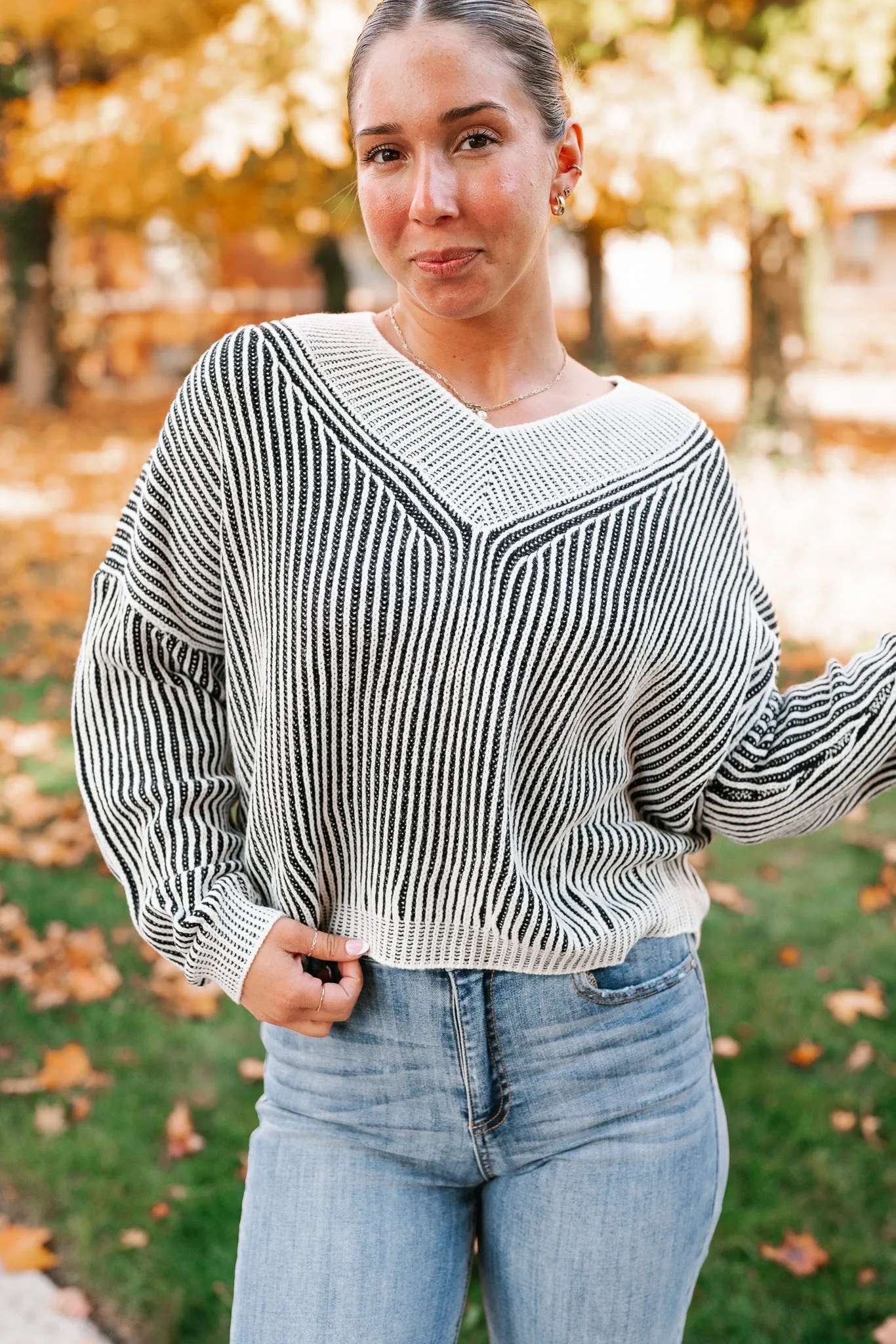 In Between V-Neck Knit Striped Sweater - Black