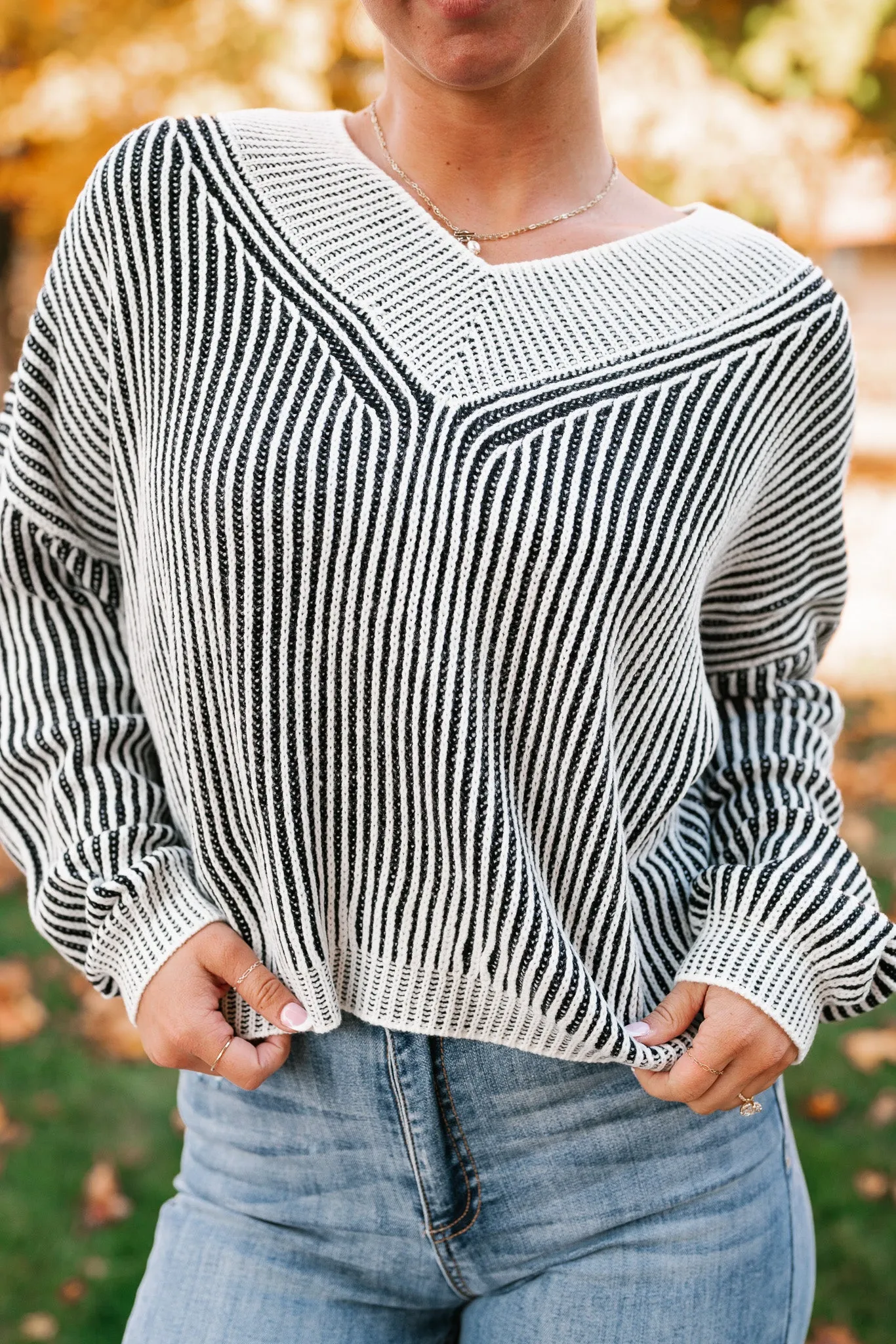 In Between V-Neck Knit Striped Sweater - Black