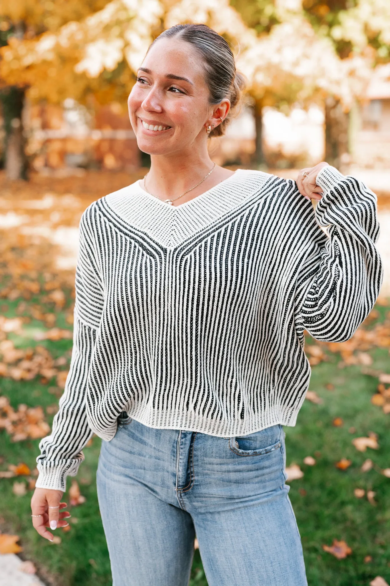 In Between V-Neck Knit Striped Sweater - Black
